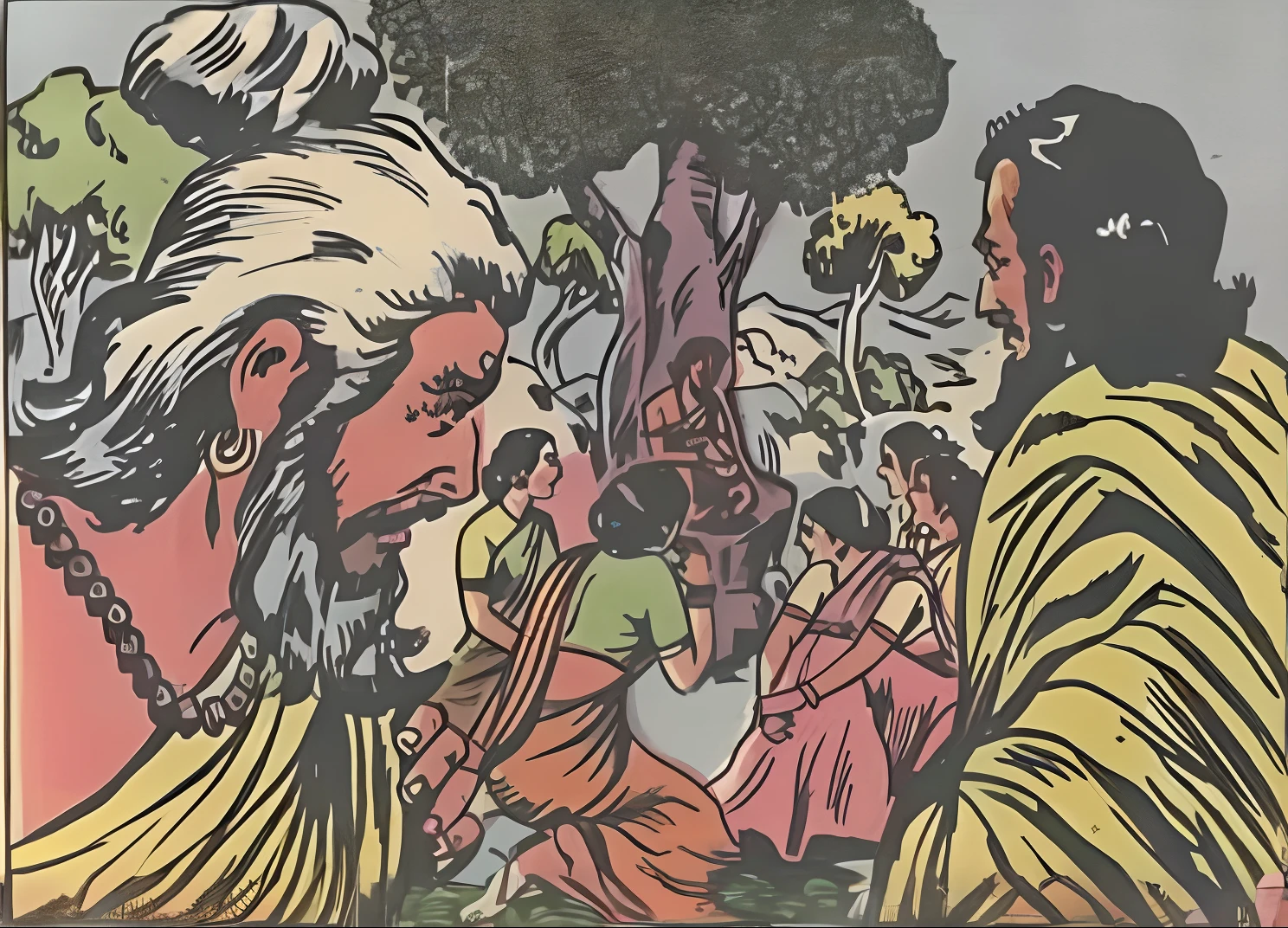 a cartoon of a man with a beard and a beard in a yellow robe, from ramayan, bible illustration, kuntilanak on bayan tree, [ colourful, colour, color illustration, rpg scene, narasimha, samikshavad, holy man looking at ground, coloured woodcut, ghutra and egal, comic panel, large view, dynamic scene