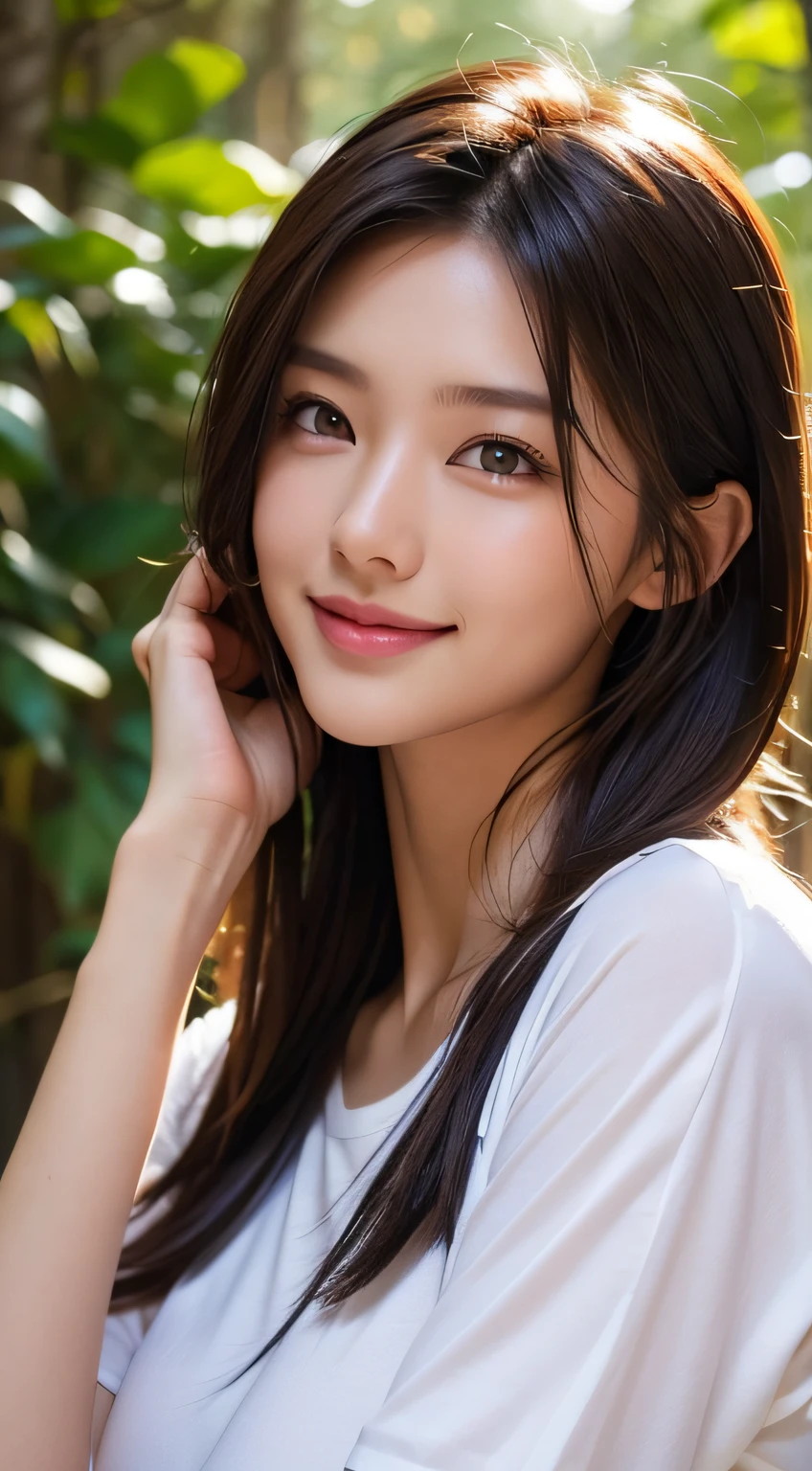 ((Asians in the forest at night)), Beautiful, slender, Cute, 30s, Beautiful face, Beautiful skin, actress, Mature, Upper body, light brown hair, Fine hair, Live action, masutepiece, Best Quality, Very elaborate CG Unity 8K wallpaper, Ultra high definition, Casual Fashion, Lighting, Summer Fashion, (Natural brown hair: 0.8), (Puffy eyes), looking at audience, Turn around, Bleach Hair, model poses, White background, Delicate skin type, Fine curly hair, Hands around the mouth, White T-shirt, Hair model photography, A smile、