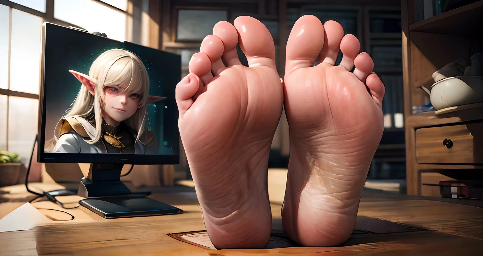 (Best quality,4K,A high resolution,Masterpiece:1.2),Ultra-detailed,professional,A high resolution,Studio lighting,Photorealistic,Portrait,illustration,aquarelle,There is a picture of a woman on the screen，A woman's feet on a table，Beautiful detailed eyes,Long eyelashes,beautiful detailed lips,Extremely detailed eyes and face，elvish ears, and ,Artistically,anime big breast,A haughty expression,Narrowed eyes,Contemptuous,mocking smile,looking down at you,Close-up of feet facing the screen,Expose the soles of your feet,furrowed brows,Porcelain skin,disdain,Staring at the screen in disgust.scowling