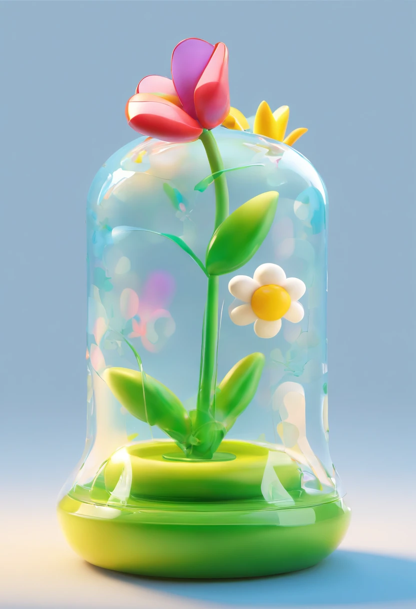 Nintendo character design, a flower made of thin bands with the same band thickness of air, green stem blue tulip, clean background, bright iridescent highlights, studio lighting, atmospheric lighting, with exquisite texture, high detail, high resolution, c4d, 3D, Blender, 8k, best quality, ultra high definition A cartoon character inside a glass bottle 50 --s 2