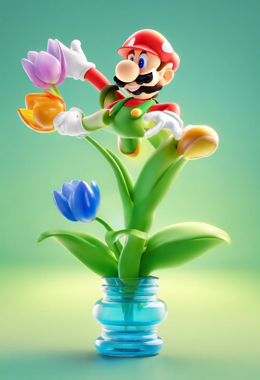 Nintendo character design, a flower made of thin bands with the same band thickness of air, green stem blue tulip, clean background, bright iridescent highlights, studio lighting, atmospheric lighting, with exquisite texture, high detail, high resolution, c4d, 3D, Blender, 8k, best quality, ultra high definition A cartoon character inside a glass bottle 50 --s 2