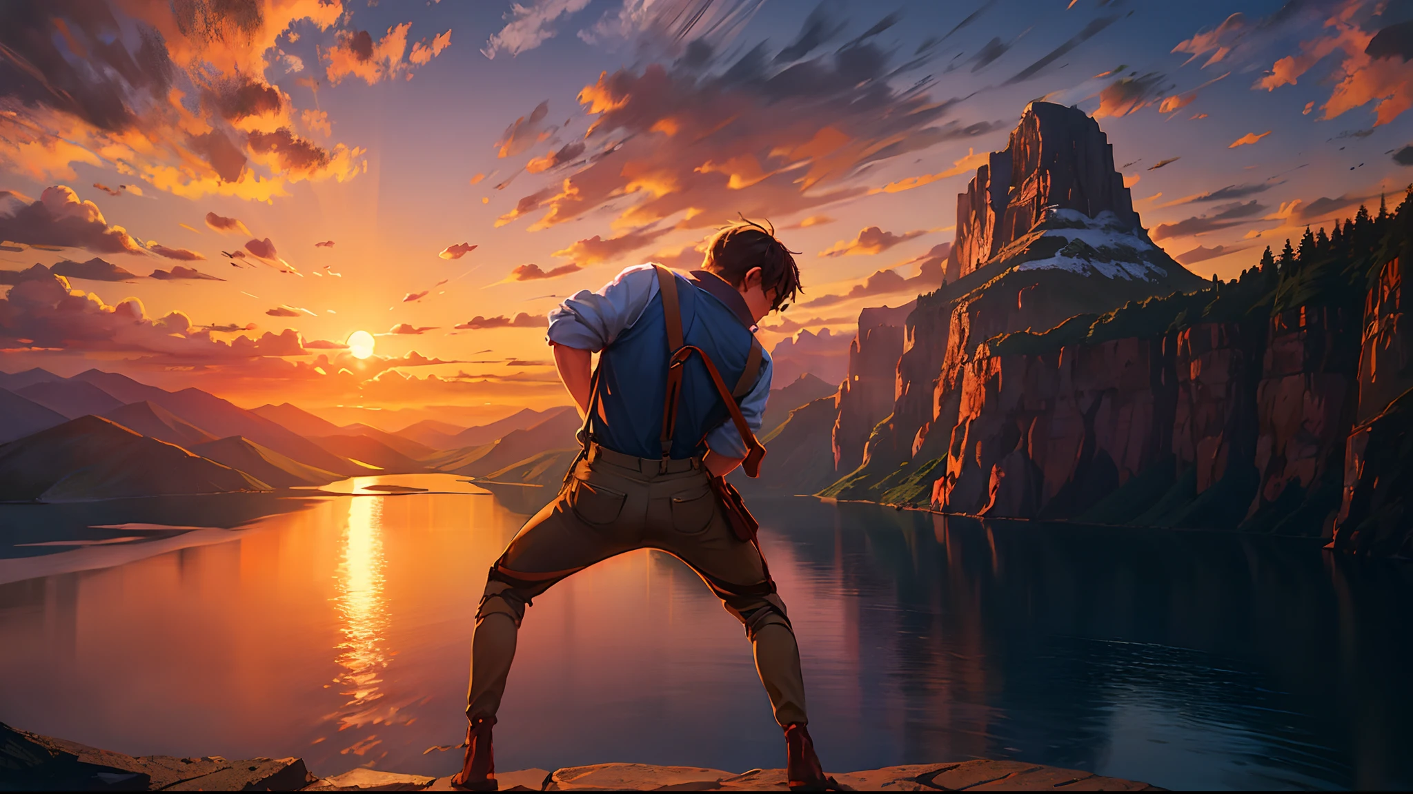 the sunset，eventide，Big Mountain，Medium short hair，Suspenders，Put your feet on the ground，Iron Mountain Back，In front of him is a cliff，