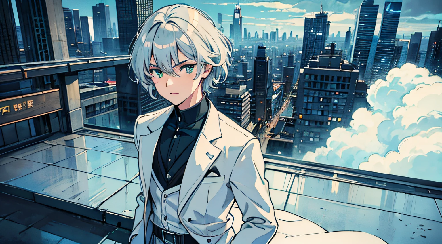 city, metropolitan, urban city, train station, highres, highest quallity, illustration, ultra detailed, (detailed face), (detailed eyes), soft lighting, best quality, hazy glow, dreamy atmosphere, hyper detailed, masterpiece, 1men, solo, silver hair, green eyes, white cloth, men hair style, silk belt, brave men, strong men, serious face, working, luminous eyes, athletic body, (colorful), cowboy shot, from above, outdoors, morning, clouds, busy,