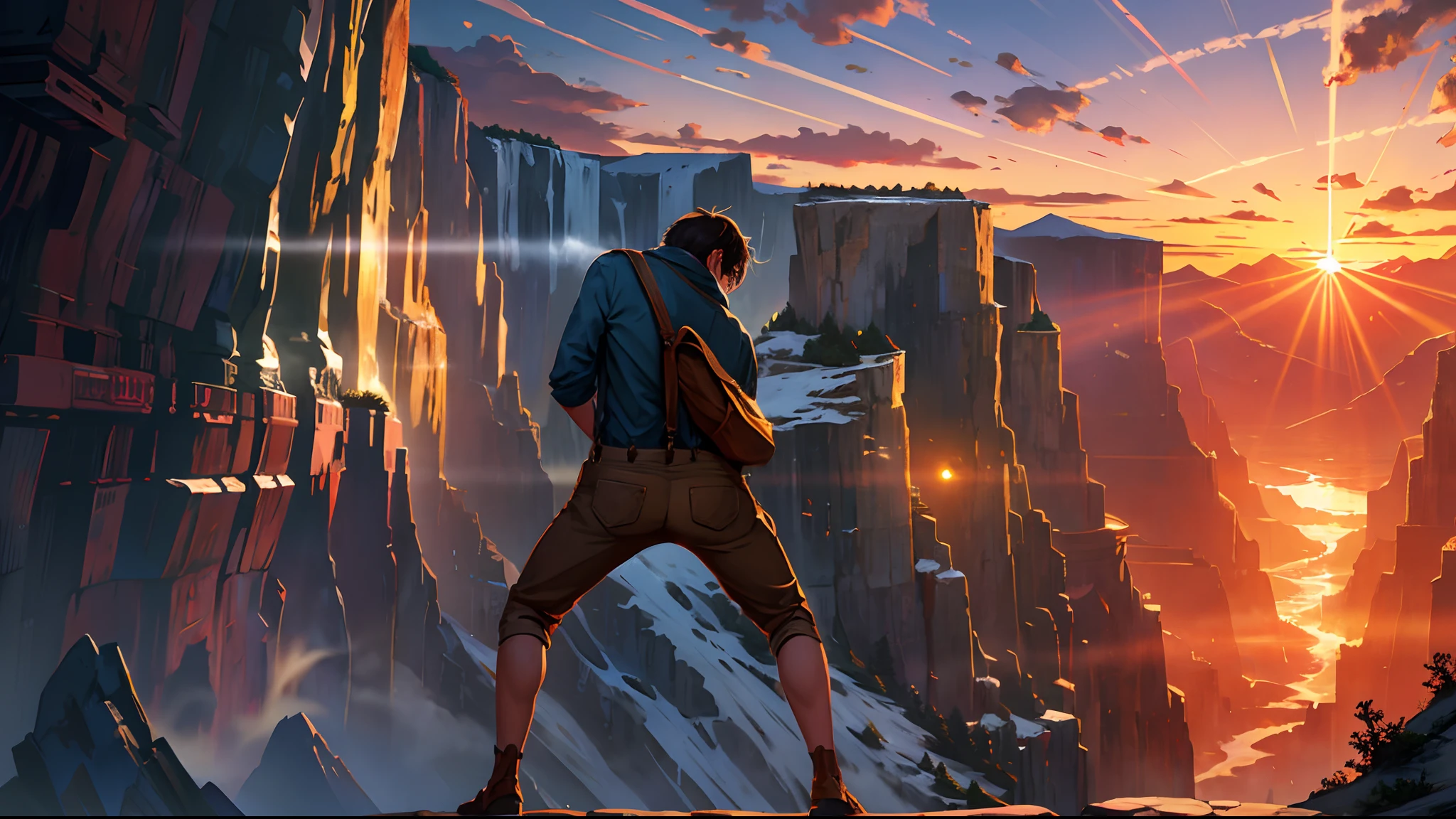 the sunset,eventide,Big Mountain,Medium short hair,Suspenders,Put your feet on the ground,Iron Mountain Back,In front of him is a cliff,
