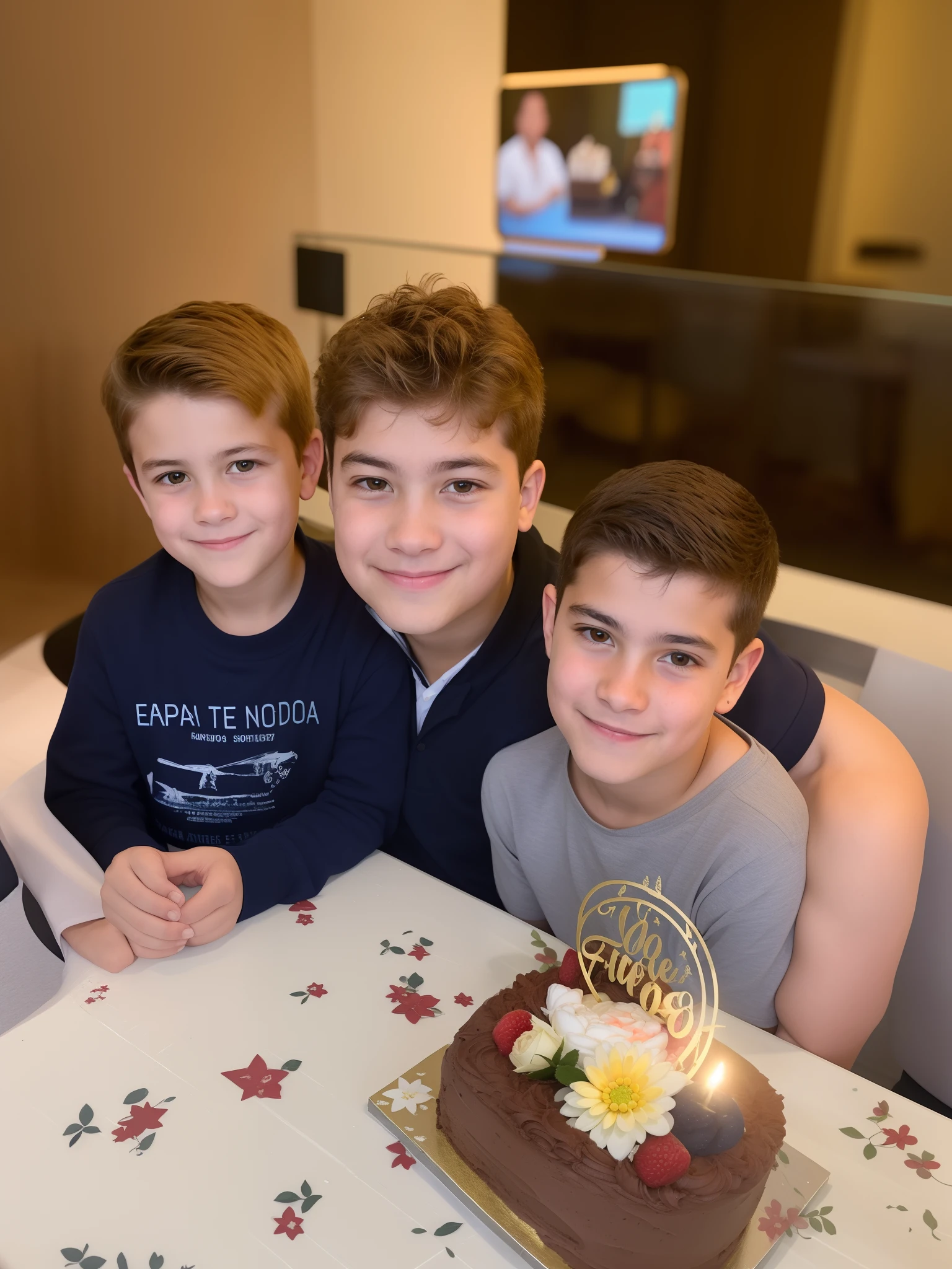 There are three boys sitting at a table with a cake, 1614572159, Condutor de Ene, Directed by: Siona Shimshi, celebrating a birthday, taken in the early 2020s, Directed by: Emma Andijewska, exclusivo, Petros e Leonid, 3/4 perfil, Fotografia tirada em 2 0 2 0