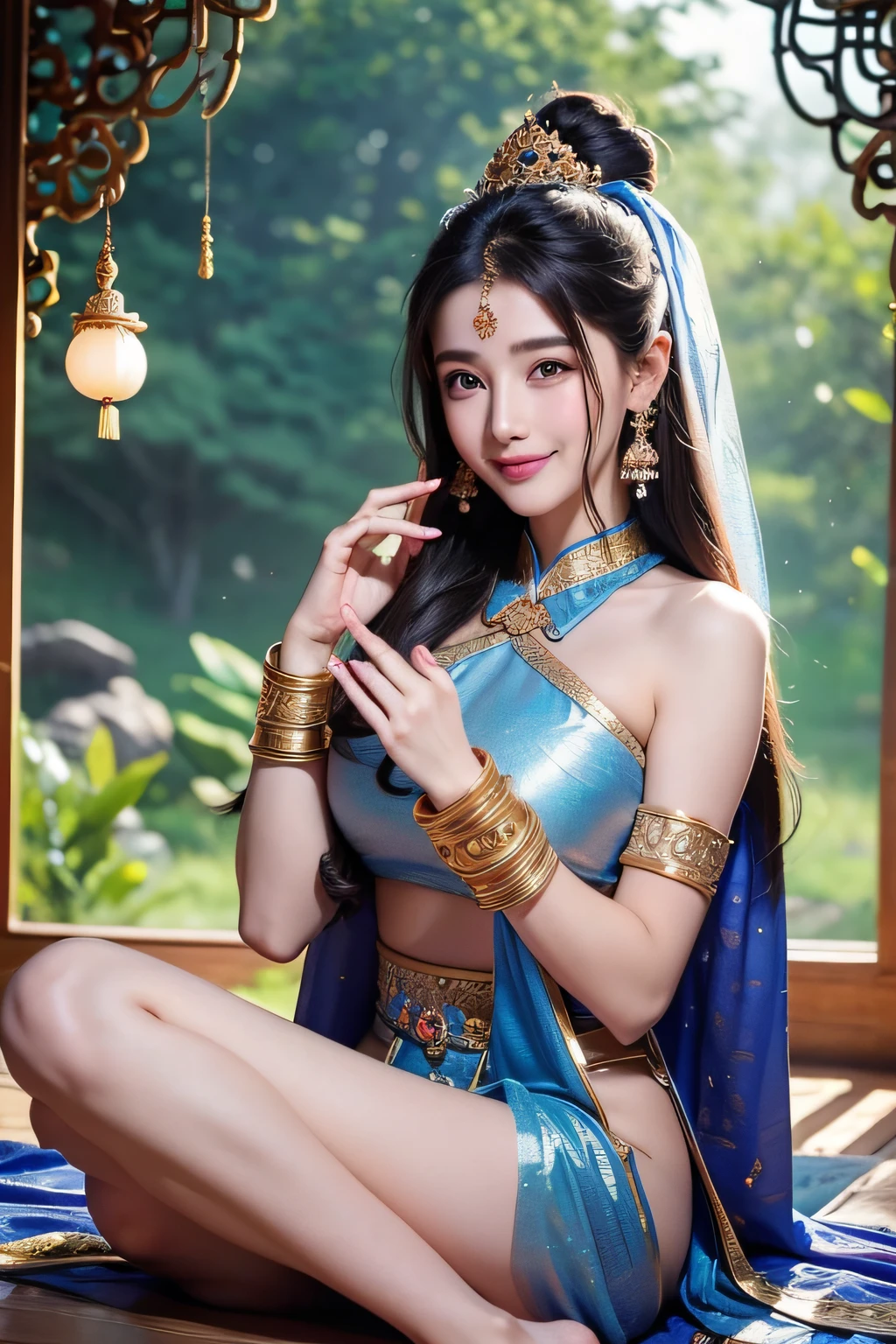 、Highest quality , sexy, Ultra-high resolution, RAW Photos, girl, indoor, White skin, Long Hair ,whole body,Black Hair、Blue clothes、Cambodian national costume、