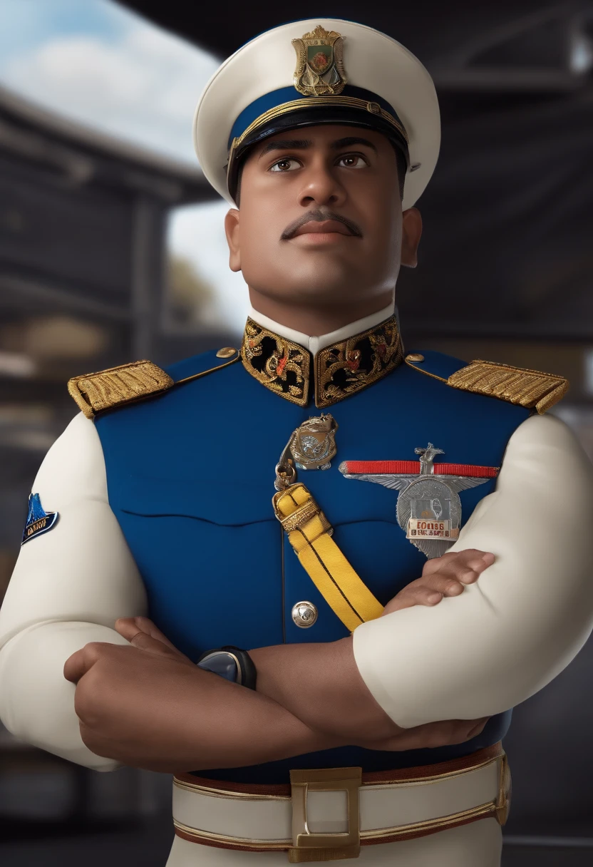 cenario 3d padrao disney/Pixar of a male security guard, scratching the groin, de cabelo castanho militar, de uniforme azul escuro, com uma placa escrito "GAMBIRAS MOTA BRASIL" On the dealership billboard