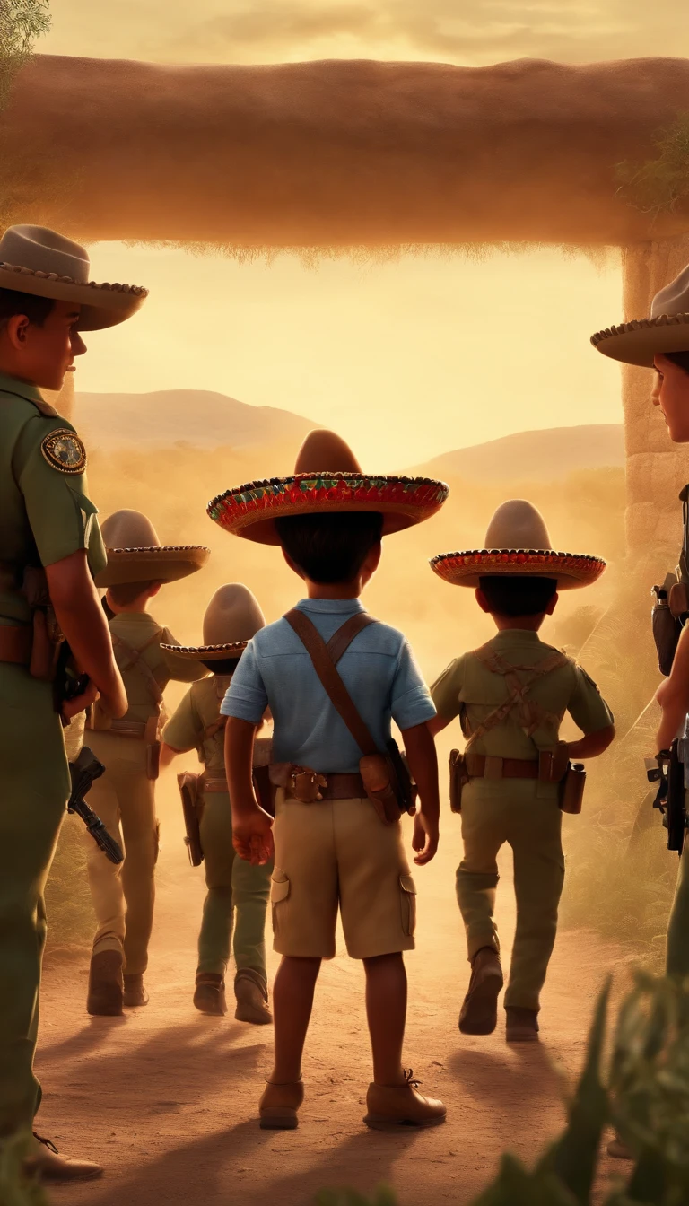 Pixar movie cover: Mexican kids in sombreros sneaking past Mexico's border to America surrounded with armed military guards defenestrating them and pointing their guns at them as they try to escape