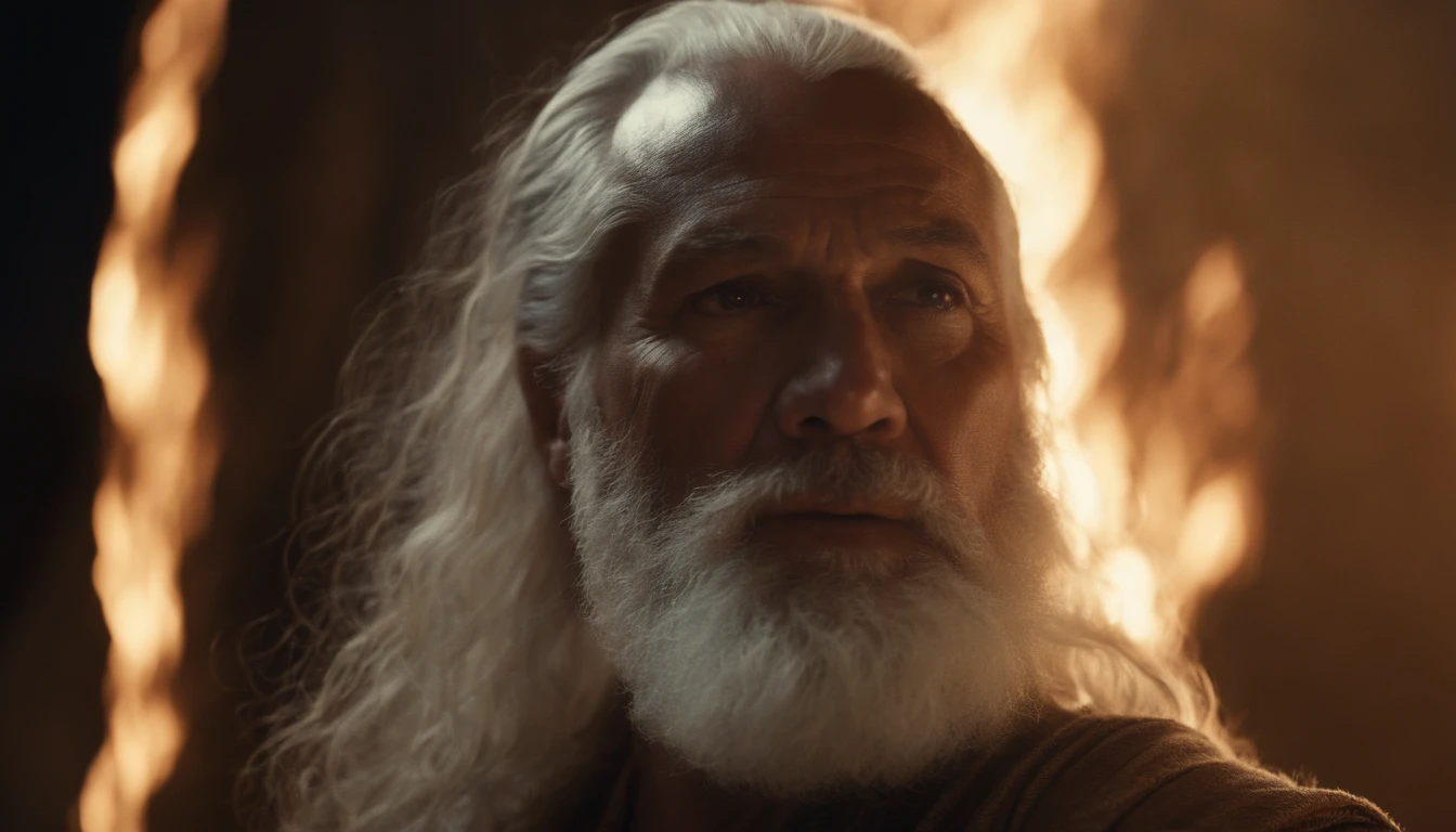 Moses with light skin color, already of advanced age and his beard and long white hair, Looking Up The Sky, agradecido a Deus, Your face is lit up