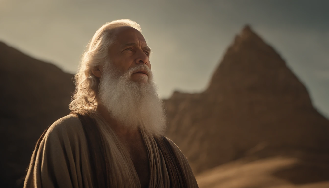 Moses with light skin color, already of advanced age and his beard and long white hair, Looking Up The Sky, agradecido a Deus, Your face is lit up