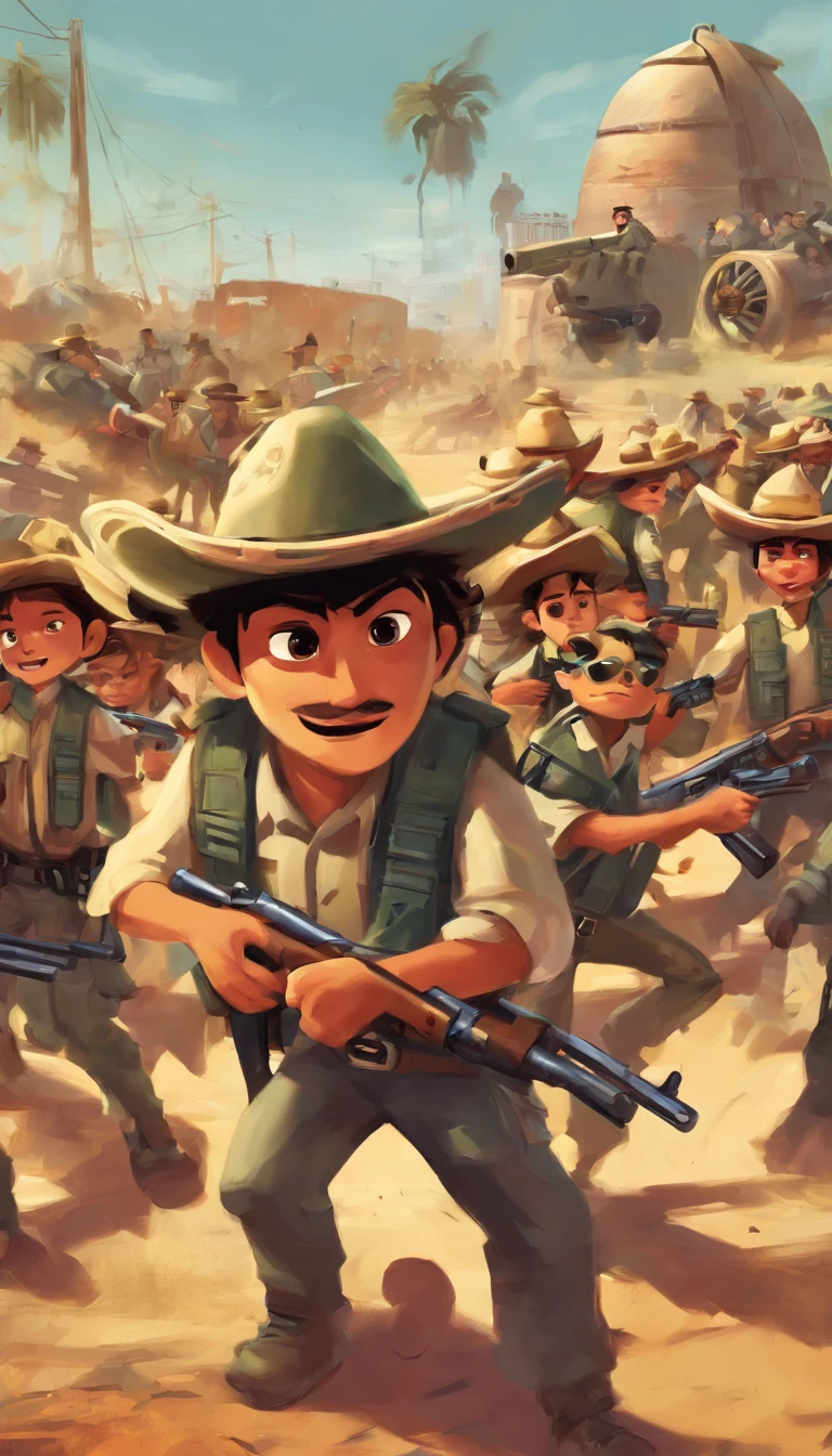 Pixar movie cover: Mexican kids in sombreros sneaking past Mexico's border to America surrounded with armed military guards defenestrating them and pointing their guns at them as they try to escape