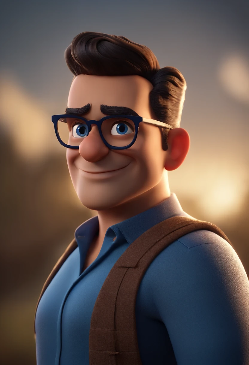 Cartoon character of a man wearing black glasses and a blue shirt, um personagem animado, Caractere estilizado, animation style rendering, 3D estilizado, Arnold Maya render, 3 d render stylized, toon render keyshot, Personagem 3D, Personagem 3D, 3d rendering stylized, 3 d character render, personagem de desenho animado, Personagem de close up, Pose de personagem, (Estilo Pixar) (master part:1.2) (Bokeh) (best quality) (pele detalhada) (textura detalhada) (8k) (argila) (Cinematic lighting) (foco nítido,Senta e vaza a parte superior do corpo