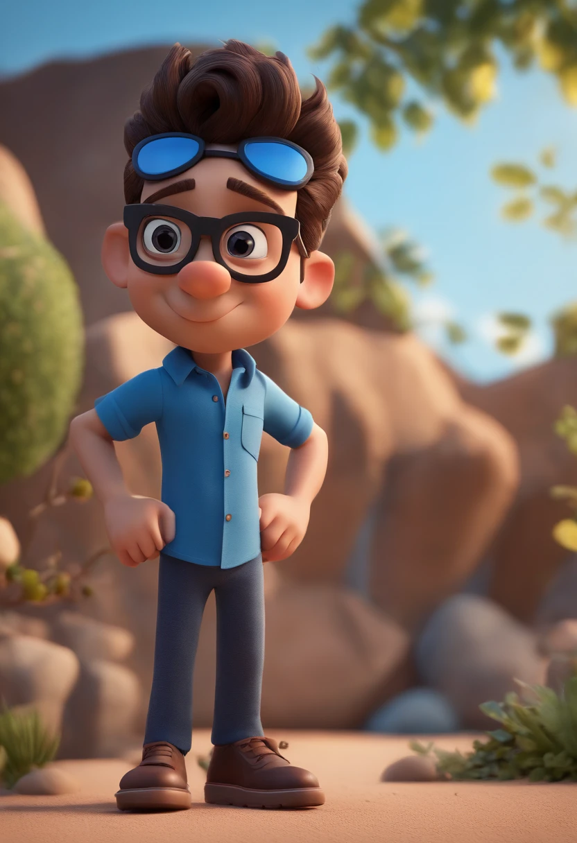 Cartoon character of a man wearing black glasses and a blue shirt, um personagem animado, Caractere estilizado, animation style rendering, 3D estilizado, Arnold Maya render, 3 d render stylized, toon render keyshot, Personagem 3D, Personagem 3D, 3d rendering stylized, 3 d character render, personagem de desenho animado, Personagem de close up, Pose de personagem, (Estilo Pixar) (master part:1.2) (Bokeh) (best quality) (pele detalhada) (textura detalhada) (8k) (argila) (Cinematic lighting) (foco nítido,Senta e vaza a parte superior do corpo