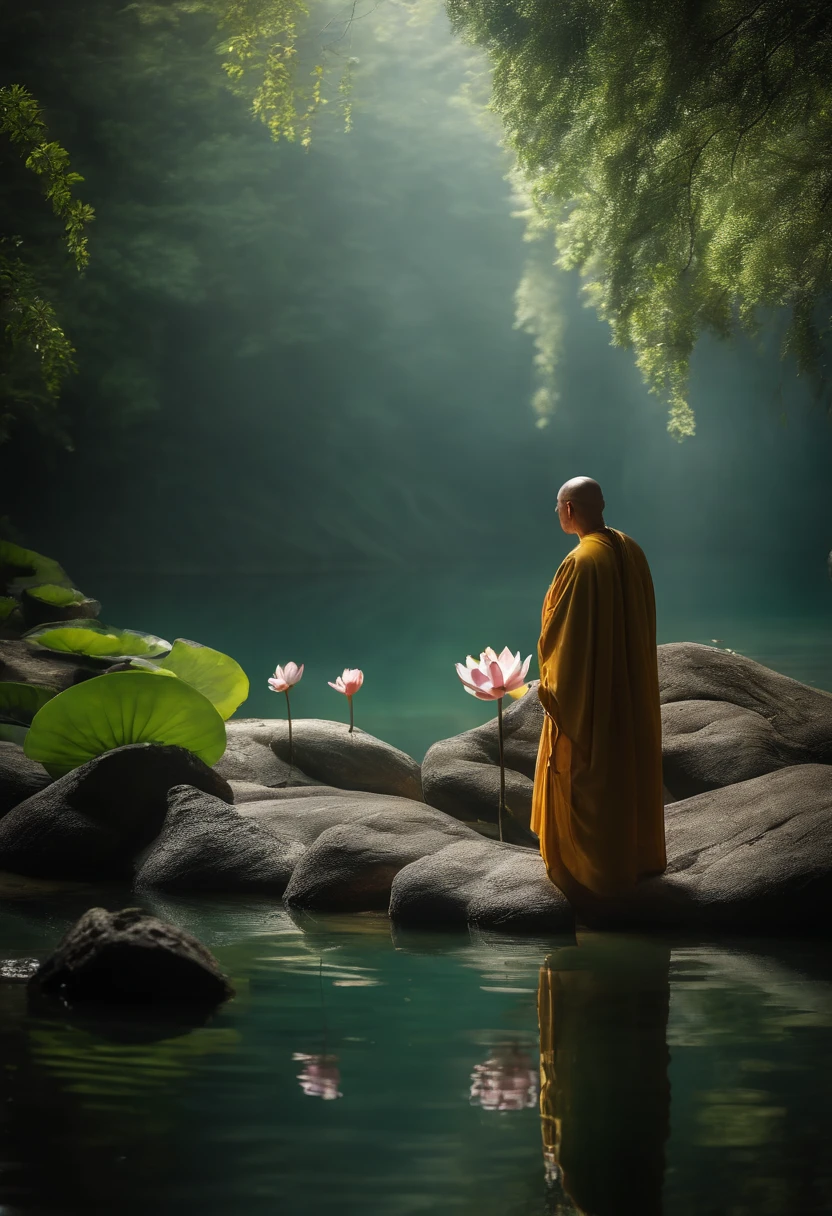 Highly detailed film water and ocean palette, a bald monk standing at the water's edge in white Hanfu, uma enorme cobra verde, A huge lotus flower on white, uma cachoeira muito alta, detalhes faciais requintados, Holofotes, perfect composition, surreal, ultra-detalhado, 8k, alta qualidade, Clear focus, detalhes intrincados, altamente detalhado, dynamic lighting, ambiente detalhado e complexo,