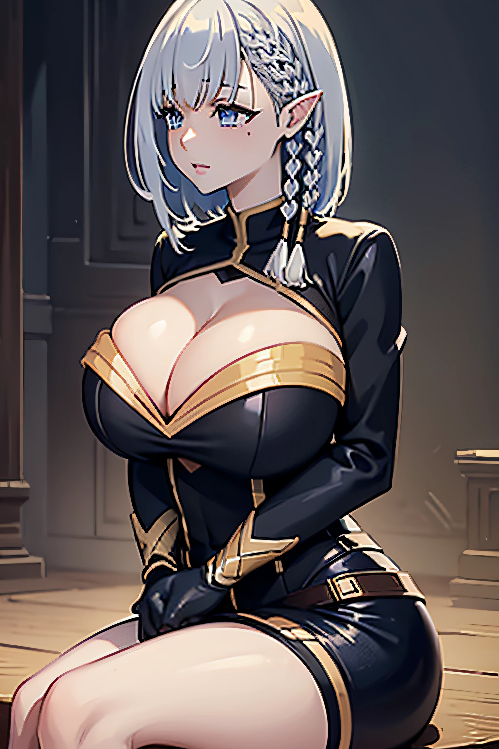two large breasts,wide hips,sitting on her knees,beautiful detailed eyes,beautiful detailed lips,extremely detailed eyes and face,longeyelashes,highres,ultra-detailed,realistic:1.37,studio lighting,portraits,vivid colors,warm color tones,soft lighting,blurred background, breast is out from the shirt
