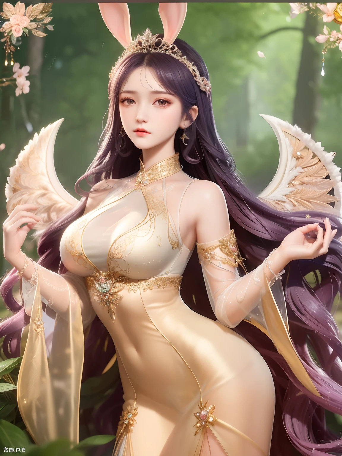 1girl, woman of the Renaissance,very bright light, pouting,jwy1,((see-through)), {beautiful and detailed eyes}, ((hands behind back)),sumptuous jewel, tiara, wet, rainy forest, 18 yo,(angel_wings),CHIBI,1 girl,wonyounglorashy,rabbit ears,long dress,long hair, hair