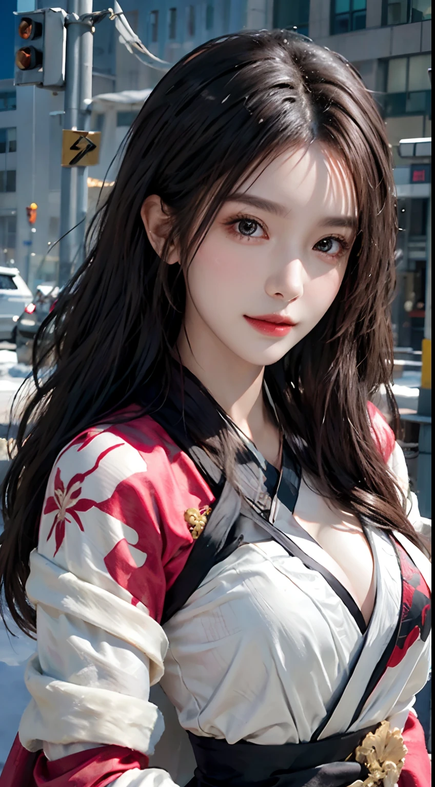 Photorealistic, high resolution, Soft light,1womanl, Solo, Hips up, shiny skins, (Detailed face),tattoo, jewelry, Winter hanfu, Cloak, Snow, Night, Wavy hair, Beautiful soldiers, Grab the audience's eye, Lover's perspective, Invitation expression, Sexy smile, Perfect style, Perfect balance, Detailed skin, mischievous gaze, chest visible