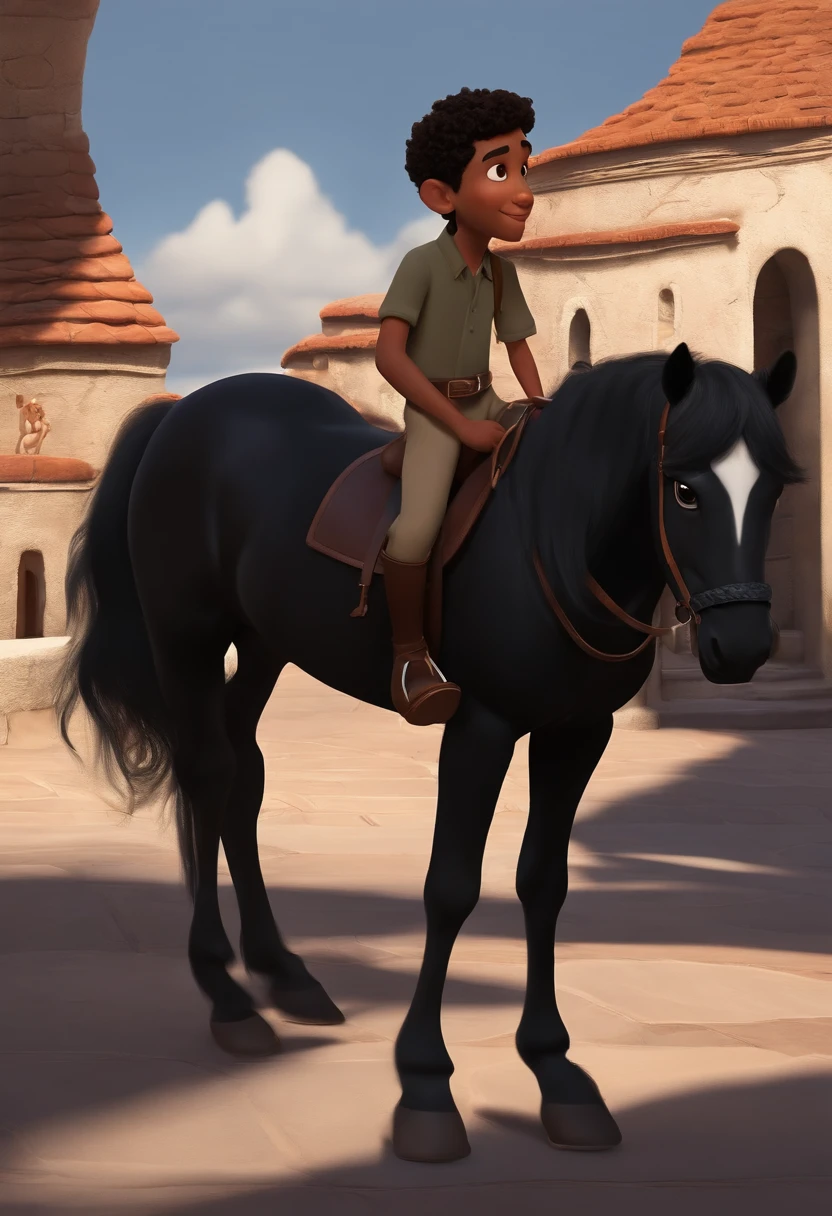 Um filme inspirado na Disney Pixar (MENINO NEGRO JOVEM COM CABELO CURTO PRETO NO CAVALO BRANCO) dentro A cena estar na arte distinta do estilo PIXAR, descolada e estilosa