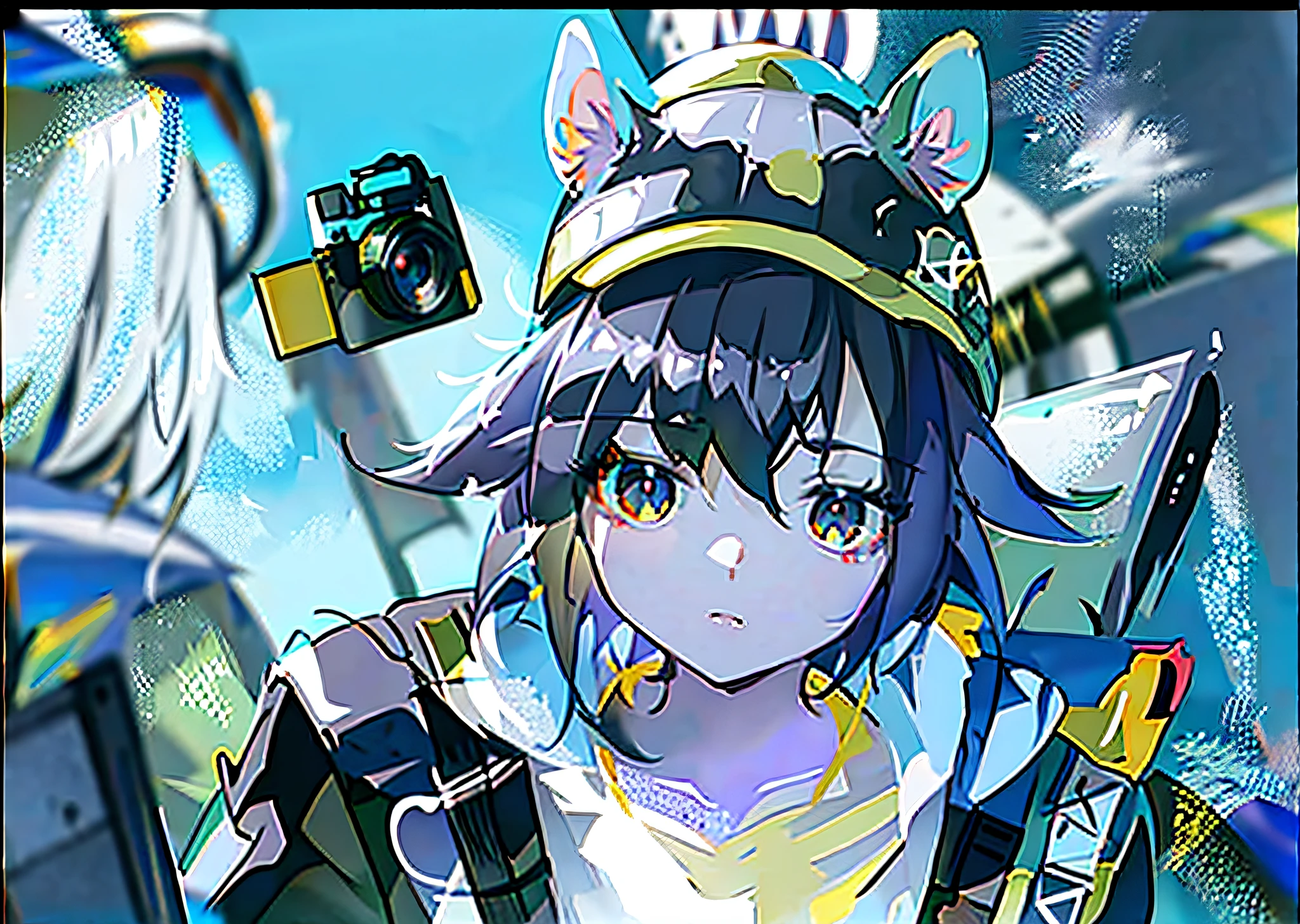 Click arknights, looking at viewer, camera frame, clicking pose, gray hair, masterpiece, 8K, high resolution, mouse ears cap