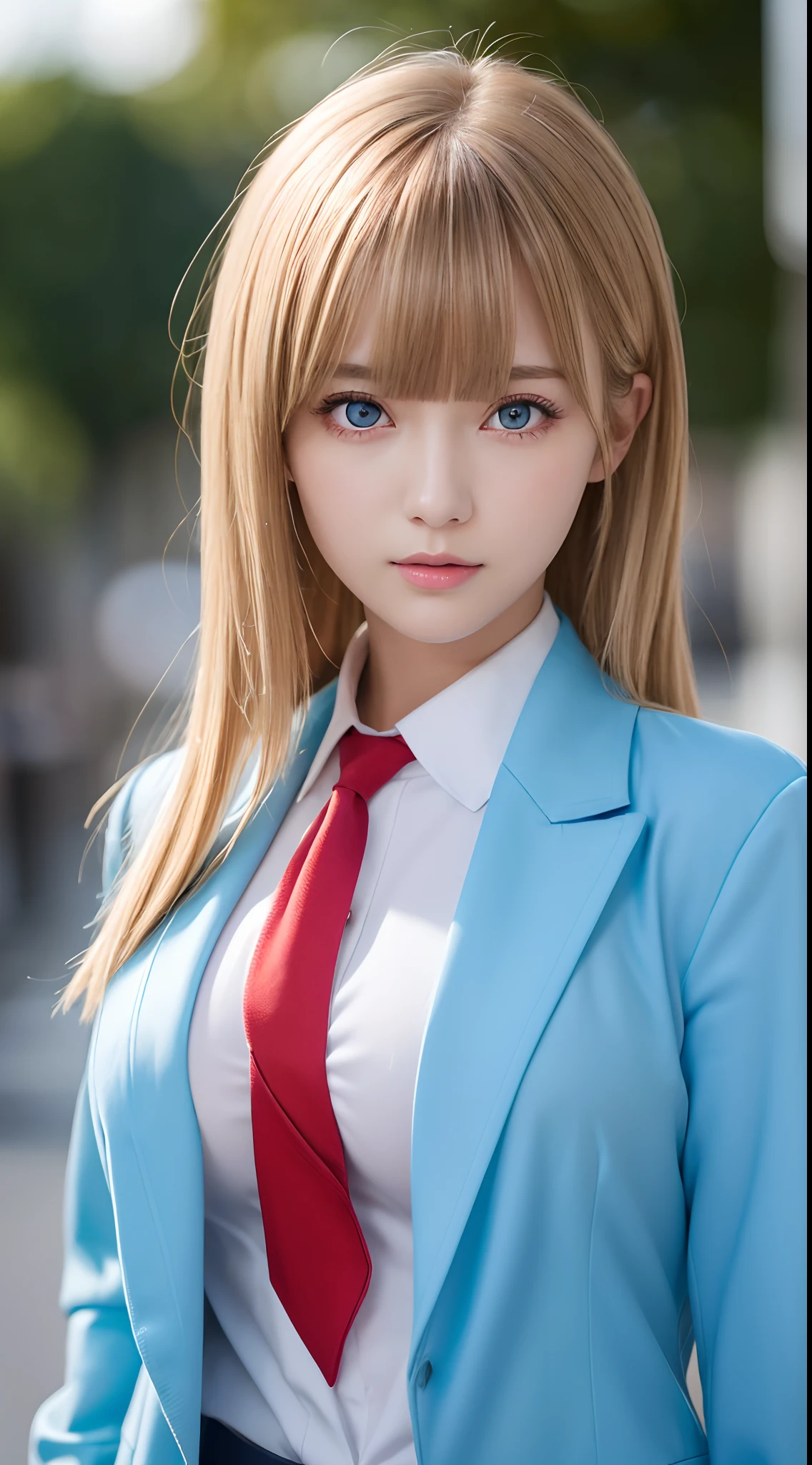 A close up of a woman wearing a blue suit and red tie - SeaArt AI
