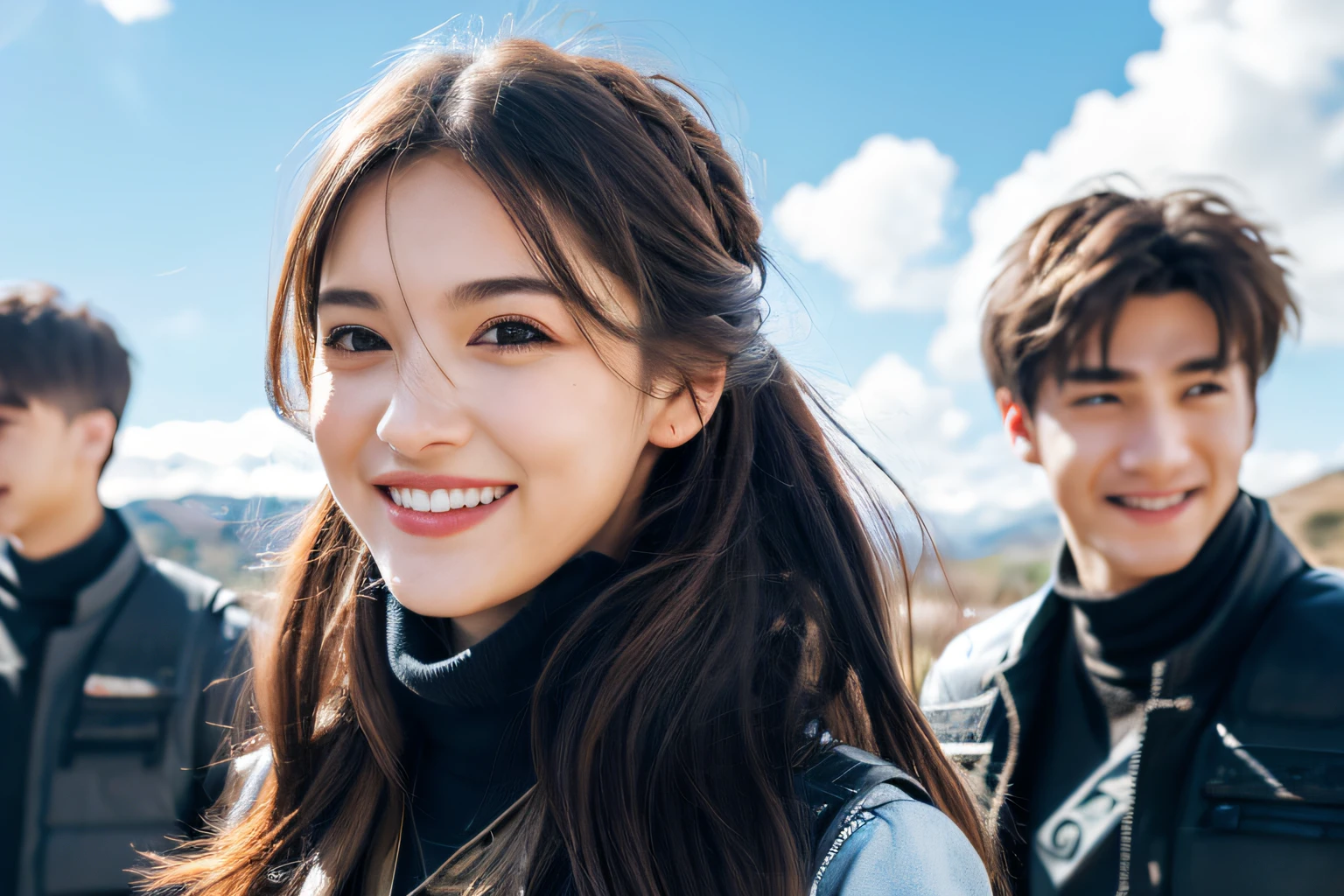 (8k, Top Quality, Masterpiece:1.2), (Realistic, Photorealistic:1.37), Super Detail, 1 Girl and 2 Men in Rough Clothing, Cute, Beautiful Detailed Sky, Dating, (Nose Blush), (Smile:1.15), (Closed Mouth) Small Chest, Beautiful Detailed Eyes, (Long Hair: 1.2), Floating Hair