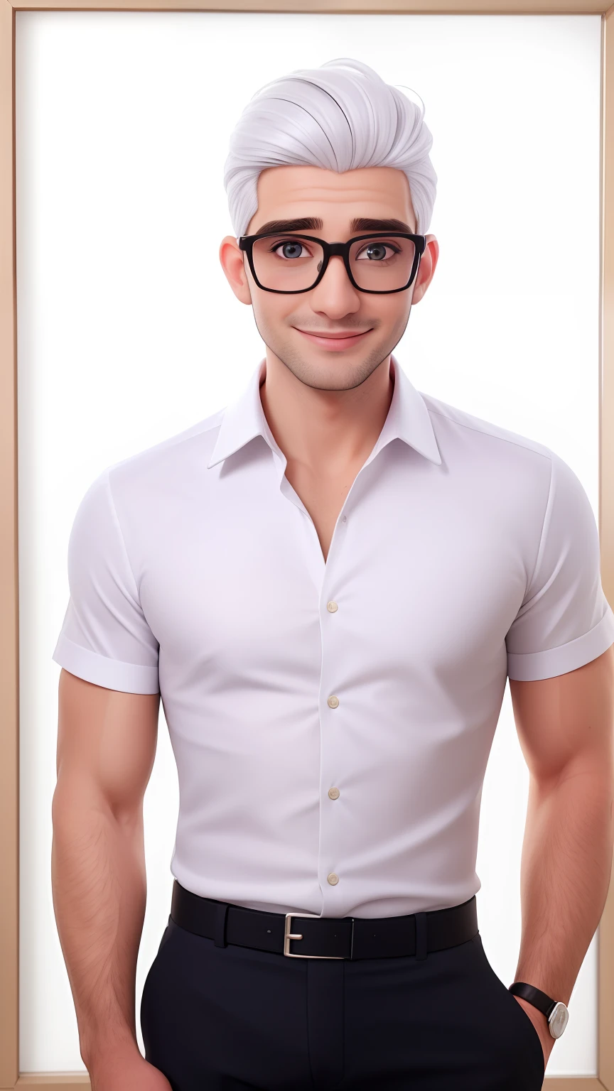 Um homem de 30 anos, com cabelos castanhos cacheados,face de diamante, olhar rigoroso, e olhos castanhos, Wearing white white shirt and square-framed glasses.