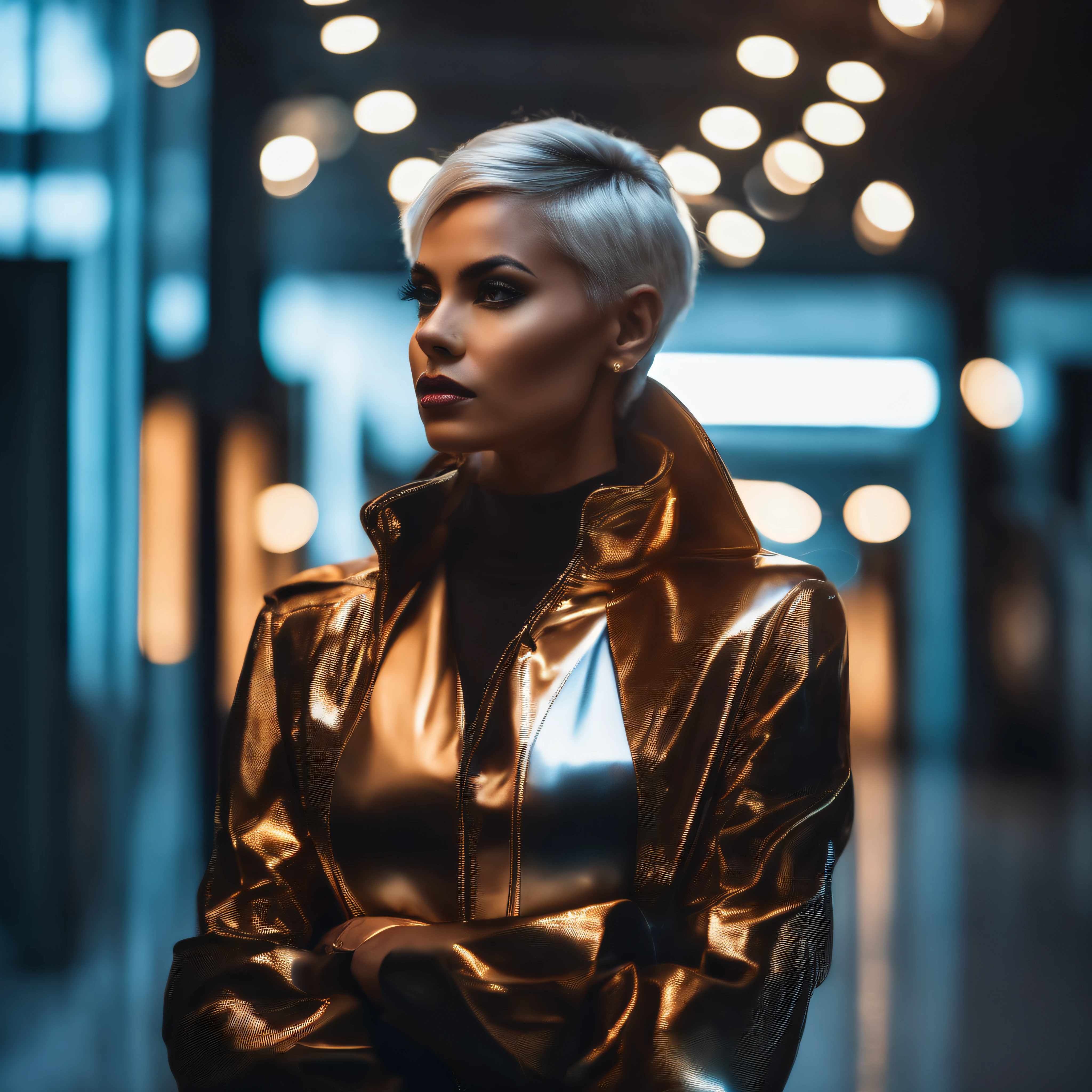 A Photograph capturing the essence of a futuristic girl in a realistic professional and marketing photoshoot. Show her adorned in sleek metallic attire, gracefully juxtaposed with contemporary urban architecture. Amplify her enigmatic aura with dynamic lighting and a cutting-edge hairstyle.