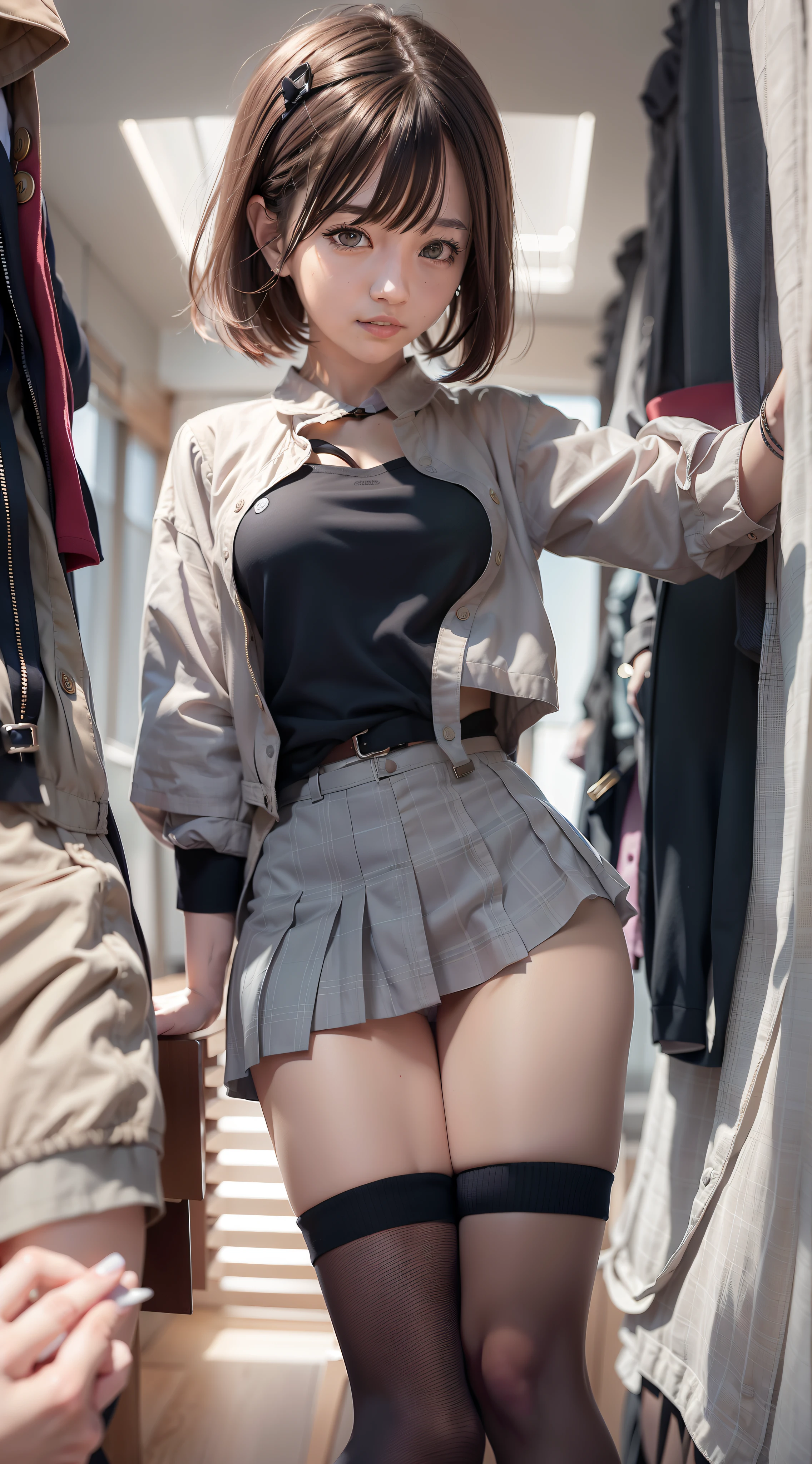 there is a woman in a skirt and shirt posing for a picture, Surrealism female students, Surrealism female students, thighhighs and skirt, Kantai collection style, Japanese school uniform, Realistic schoolgirl, wearing skirt and high socks, female student, cute female student, of a schoolgirl posing, ecchi style, Anime girl cosplay, dressed as schoolgirl