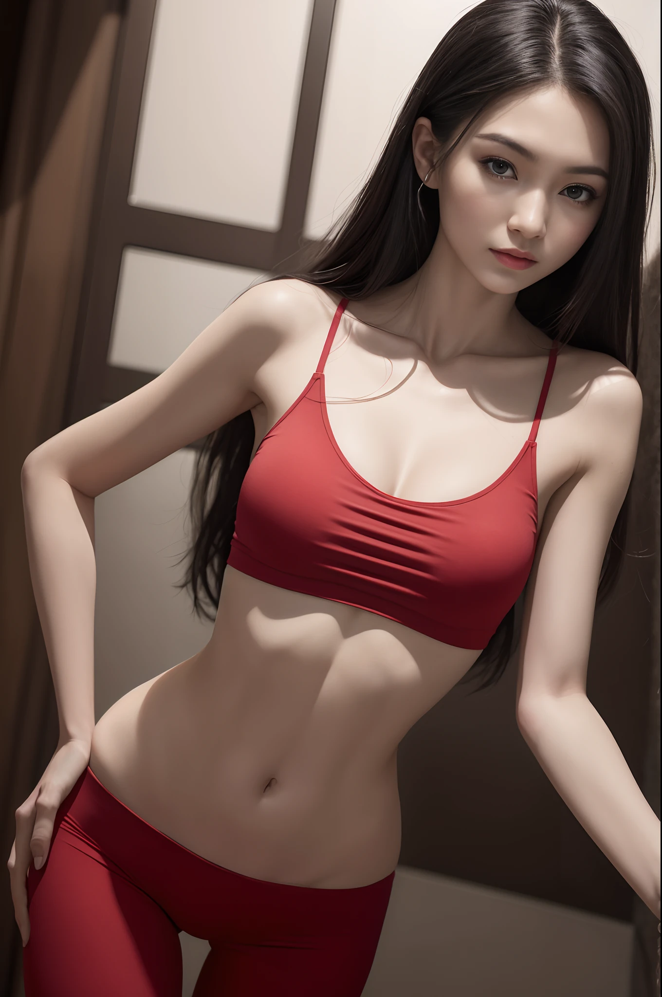8K, Masterpiece, RAW photo, Best quality, detail:1.2),Photorealistic, Extremely detailed CG unifies 8K, 8K, Diamond, and wallpaper, Depth of field, Cinematic light, Lens flare, Ray tracing, (Extremely beautiful face, Beautiful lips, Beautiful eyes), intricate detail face, ((ultra detailed skin)) 1girll, In the dark, deepshadow, Beautiful and elegant Chinese girl, (Very slim and slender muscular body:1.3), (Red sheer yoga pants;1.3),(red),Red tight yoga pants,Embarrassing,No underwear,Big breasts that expose the,