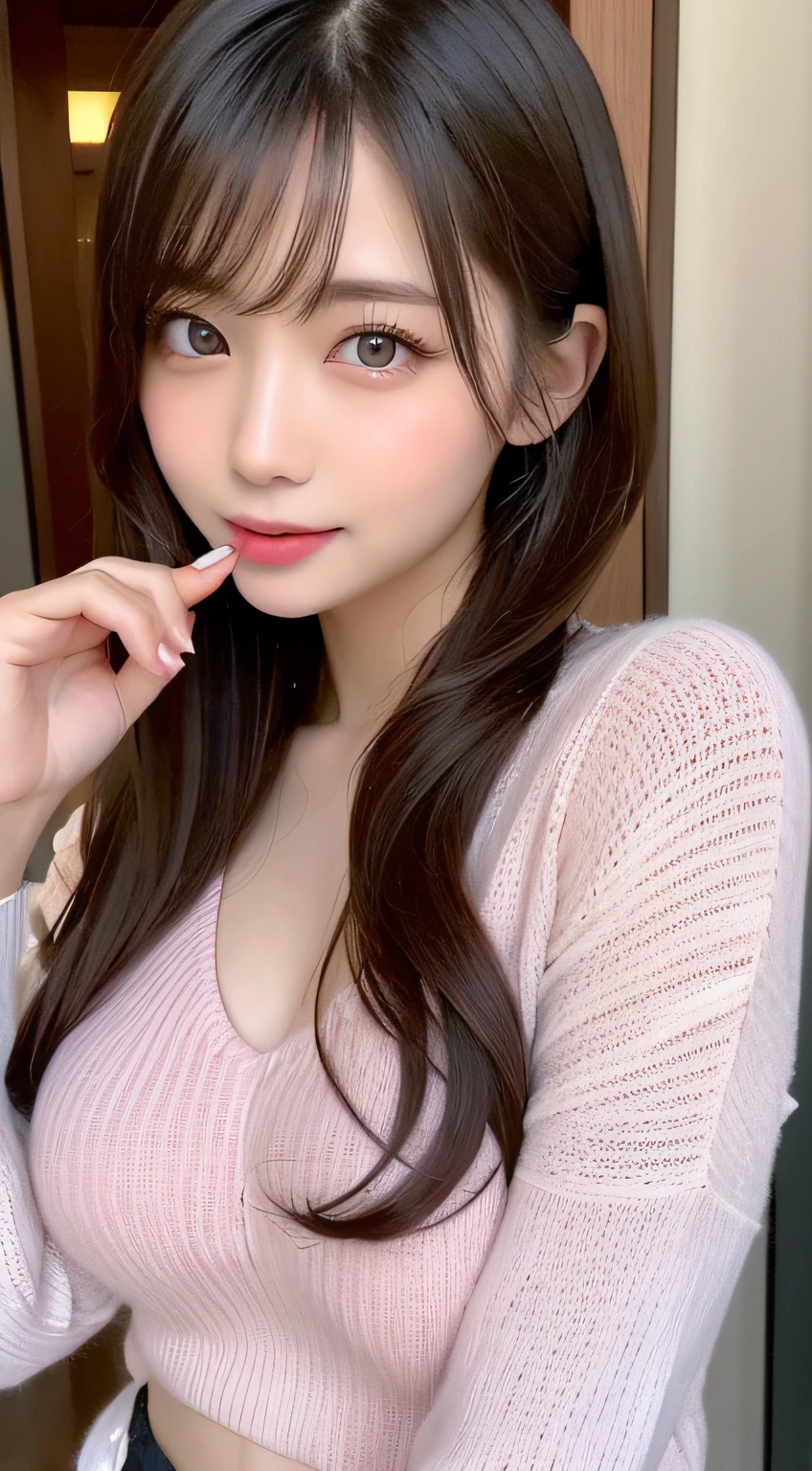 on the table, best quality, Realism, fine details, high resolution, 8k wallpaper, Perfect dynamic composition, Beautiful and delicate eyes, medium hair, tie hair、Full, large breasts, Casual and sexy pose,Bring your chest together、(Purple see-through tight-fitting sweater)、(Breast bulge1.3)、a smile、open mouth、The tip of the tongue is visible、(lick tongue 1.5)、The resort has beautiful scenery、25 years old、(droopy eyes 1.4)、adult beauty、Japanese、Staring at the person taking the photo