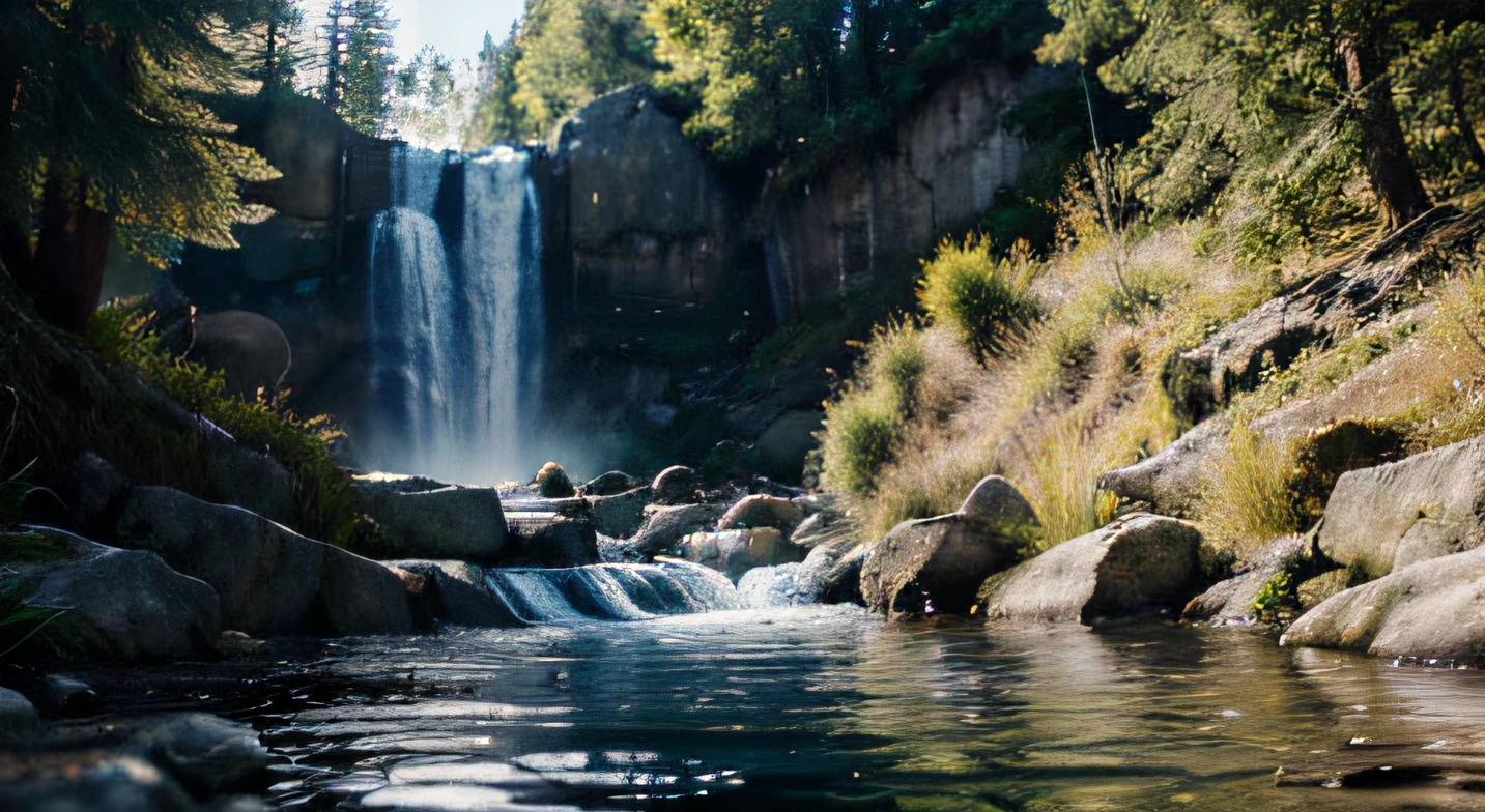 water flowing, distant mountains, fish jumping out of water, various flowers, rabbits, deer, vivid colors, photorealistic, soft lighting