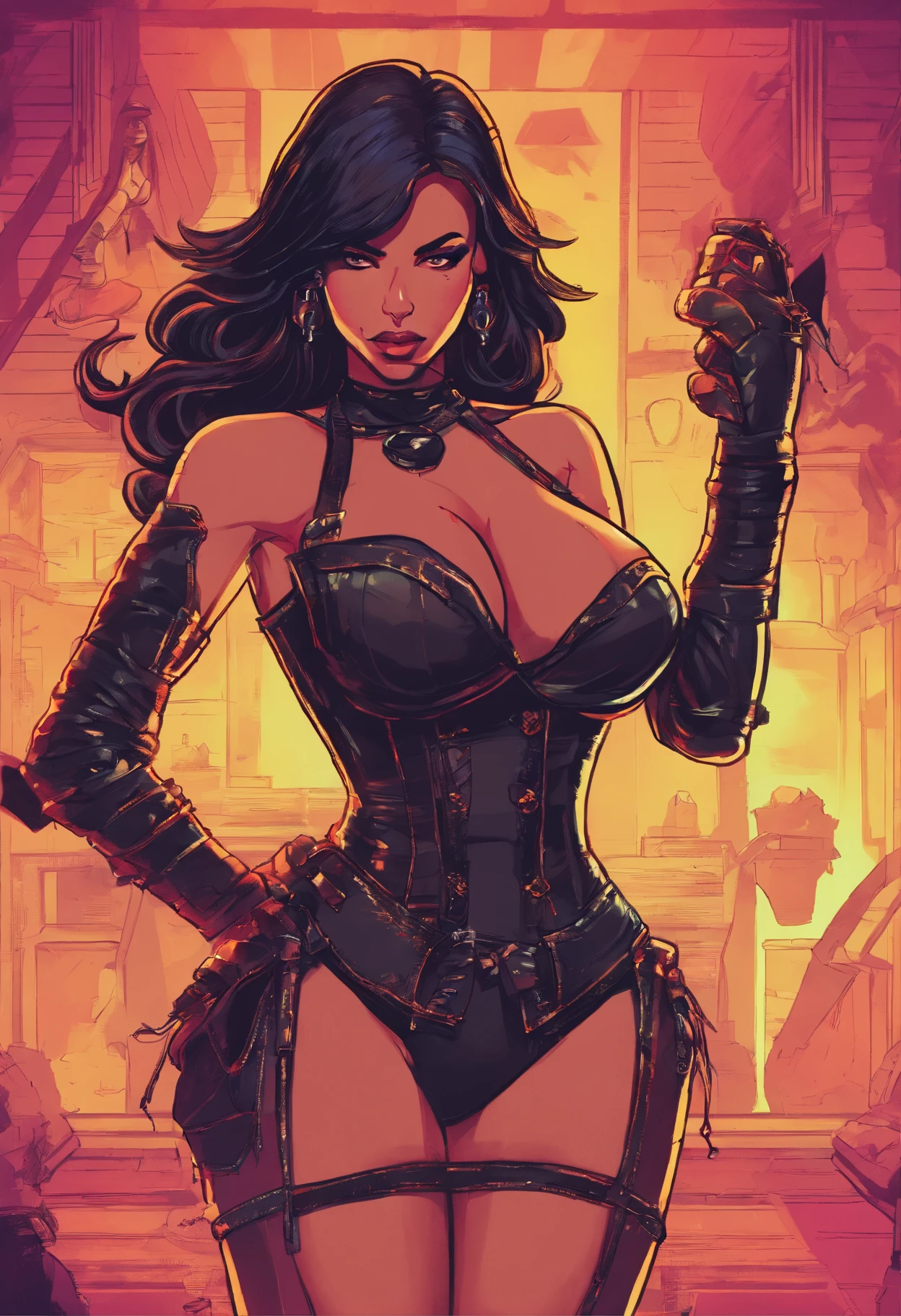Sexy girl wearing latex corset and opera gloves thigh high boots, kim kardashian, fantasy art, realistic art, dynamic lighting, artstation, volumetric lighting, very detailed faces, 8 k,full HD, award-winning,, 1girl, in the dark, deep shadow, discreet, cowboy shot, (official outfit: 1.4), long hair