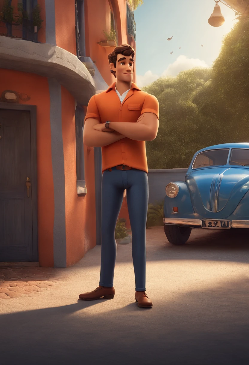 Create a Disney Pixar-style 3d poster with the title ANDRÉ RW. The character is a tall, thin, tanned young man, de 26 anos de barba curta e com cabelo raspado na lateral e um pequeno topete com camisa polo azul marinho falando ao telefone feliz e segurando um bloco de notas, and in the background a blue auto repair shop elevator and a red one on the other side, an orange forklift in a blue-colored shed behind