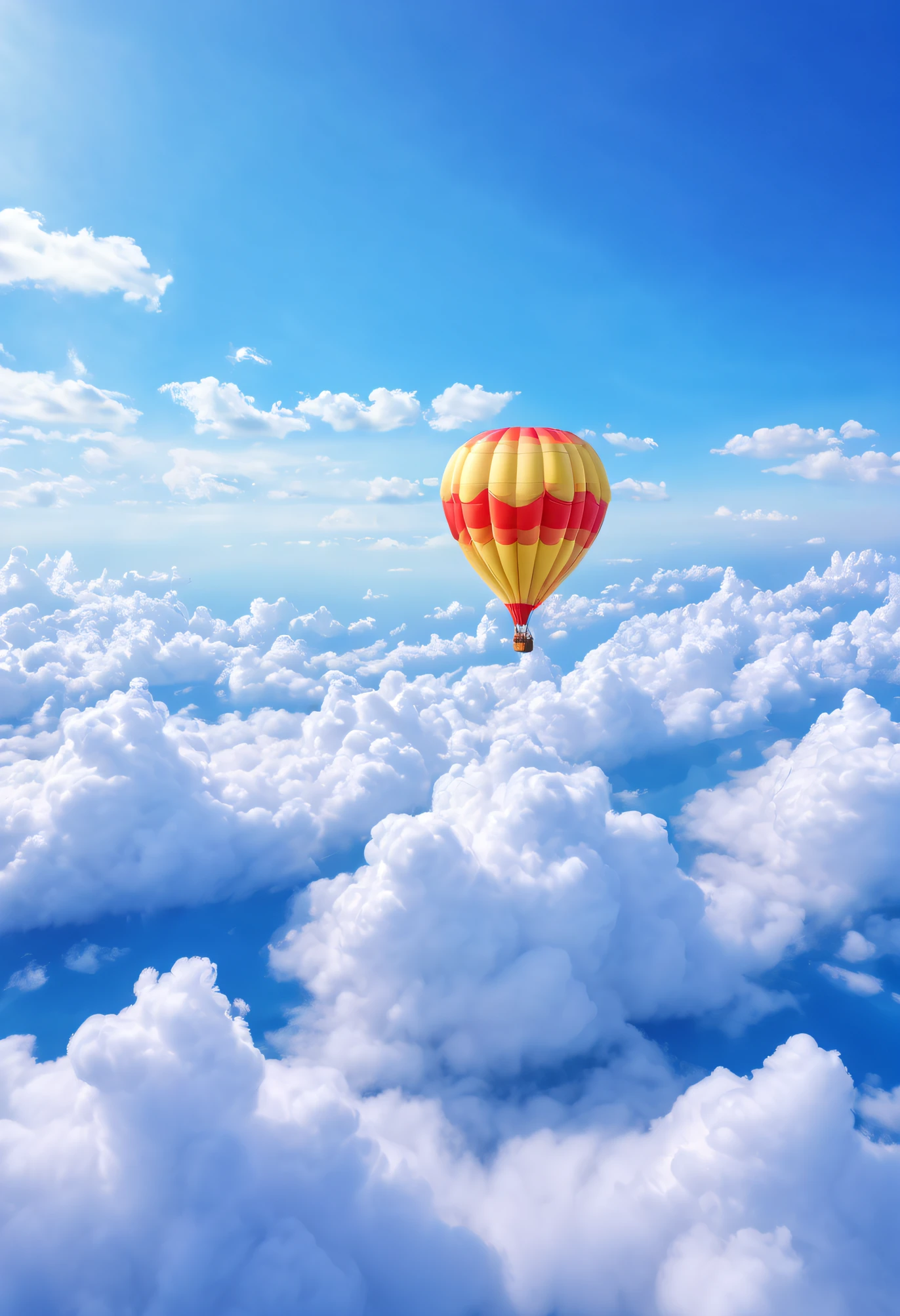 The clouds make up the shape of a hot air balloon，It consists of a basket of giant cloud-like balloons and fine clouds，floating in sky，Sun exposure，NOhumans，dreamy scenes，baiyun，blue-sky