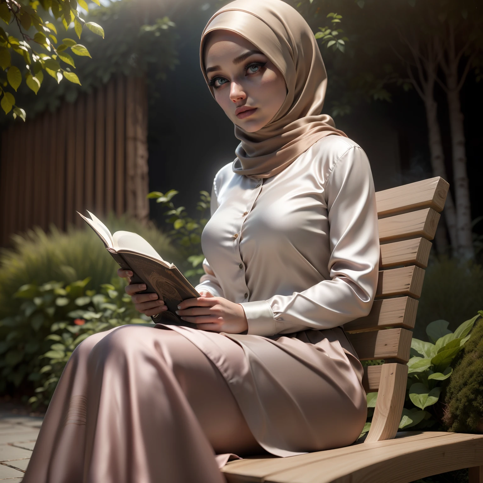 realistic, a woman, very beautiful, hijab, pink, , mosque, pretty eyes, anatomically correct, high quality, polite, holds quran, five fingers