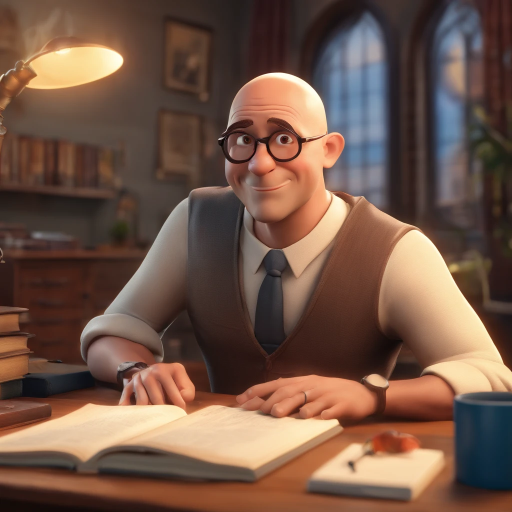 Crie um cartaz inspirado na Disney Pixar com o personagem sendo o pastor Rubens Janier, A bald hairless man wearing glasses, in an office with a Bible on the table, Looking forward and serious