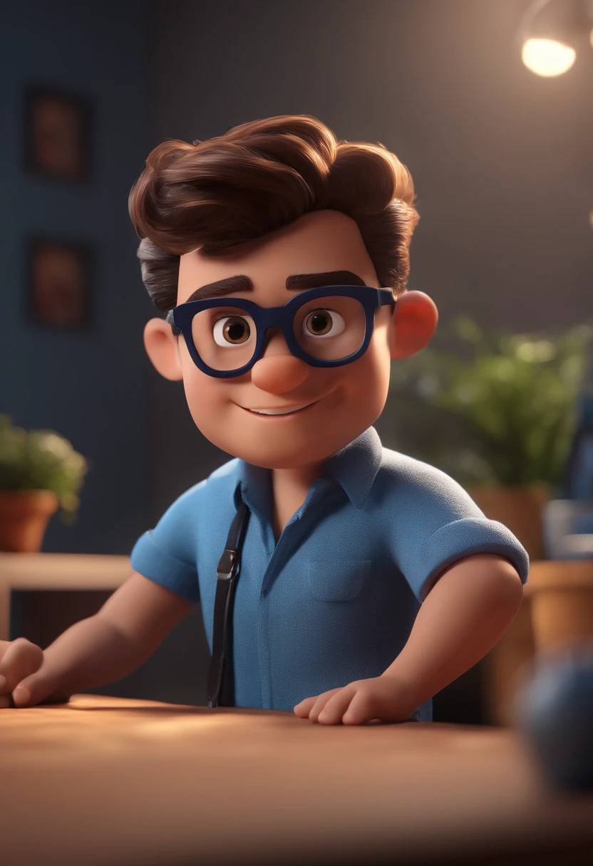 Cartoon character of a man with black glasses and a blue shirt, animation character, Caractere estilizado, animation style rendering, 3D estilizado, Arnold Maya render, 3 d render stylized, toon render keyshot, Personagem 3D, Personagem 3D, 3d rendering stylized, 3 d character render, personagem de desenho animado, Personagem de close up, Pose de personagem,  (Estilo Pixar) (master part:1.2) (Bokeh) (best quality) (pele detalhada) (textura detalhada) (8k) (argila) (Cinematic lighting) (foco nítido