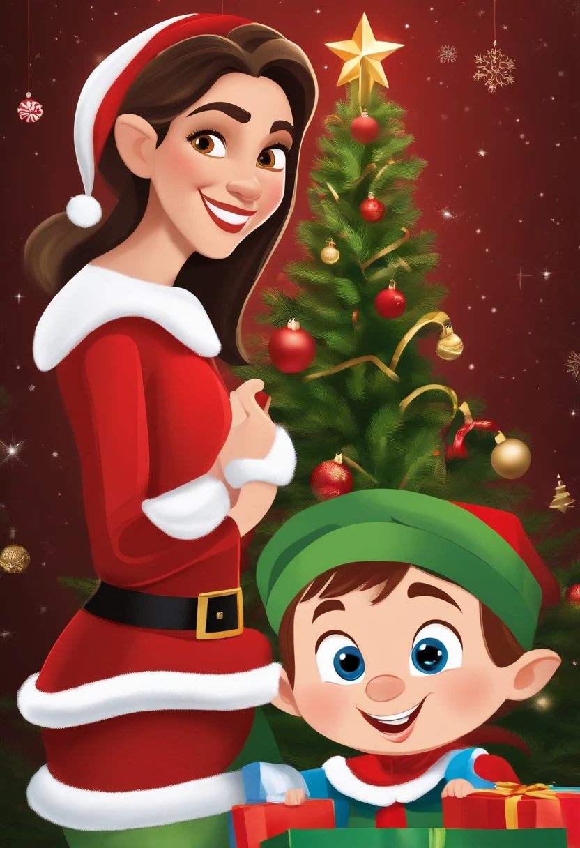 Disney Pixar film poster with 1 person on the poster, a woman, light brown eyes, white skin, happy, with red overalls, long straight black hair, present in hands, Christmas, Christmas hat, with light skinned boy son, brown hair , small dark eyes and small nose , cheerful, dressed as an elf, with Christmas gifts , Principalmente tema de Natal,Rich and super interesting content,(Papai Noel,rena,Elfos de Natal,Naughty children,Nice kids)Paint Mode Display,super HD,ultra-detalhada,renderizado, alta qualidade de detalhes --aspect 16:9