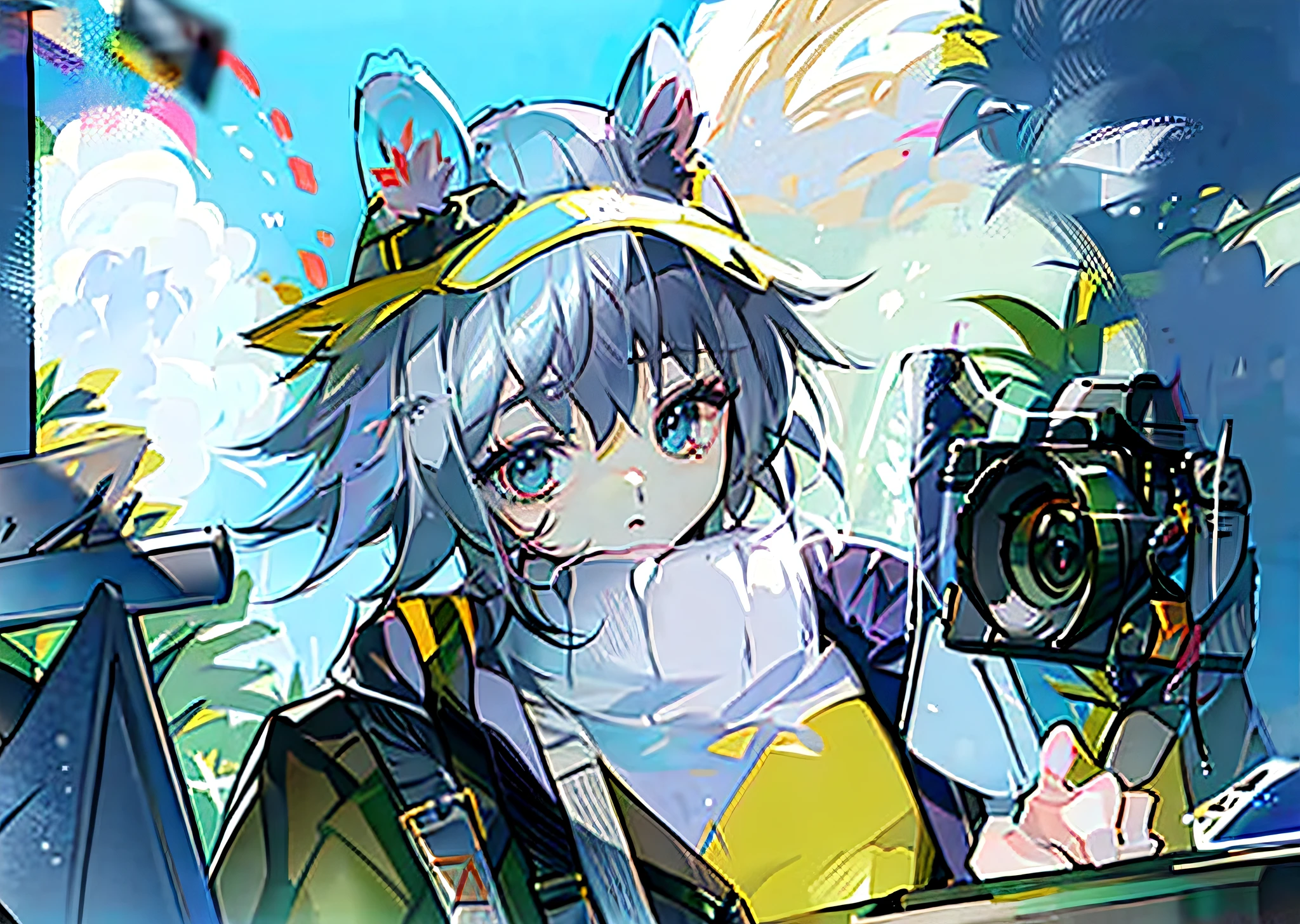 Click arknights, looking at viewer, camera frame, clicking pose, gray hair, masterpiece, 8K, high resolution, mouse ears cap