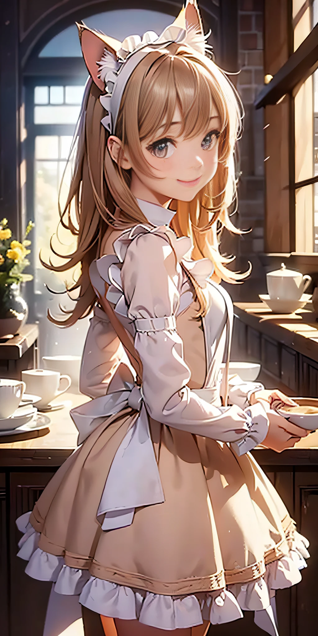 Best quality, masterpiece, HD digital photo of a girl, Pixar animation style, a cat-eared girl in 50% English maid outfit, upper body, standing back smiling looking at the camera, Cafe Background, soft lighting, warm colors, (((75% nude)))