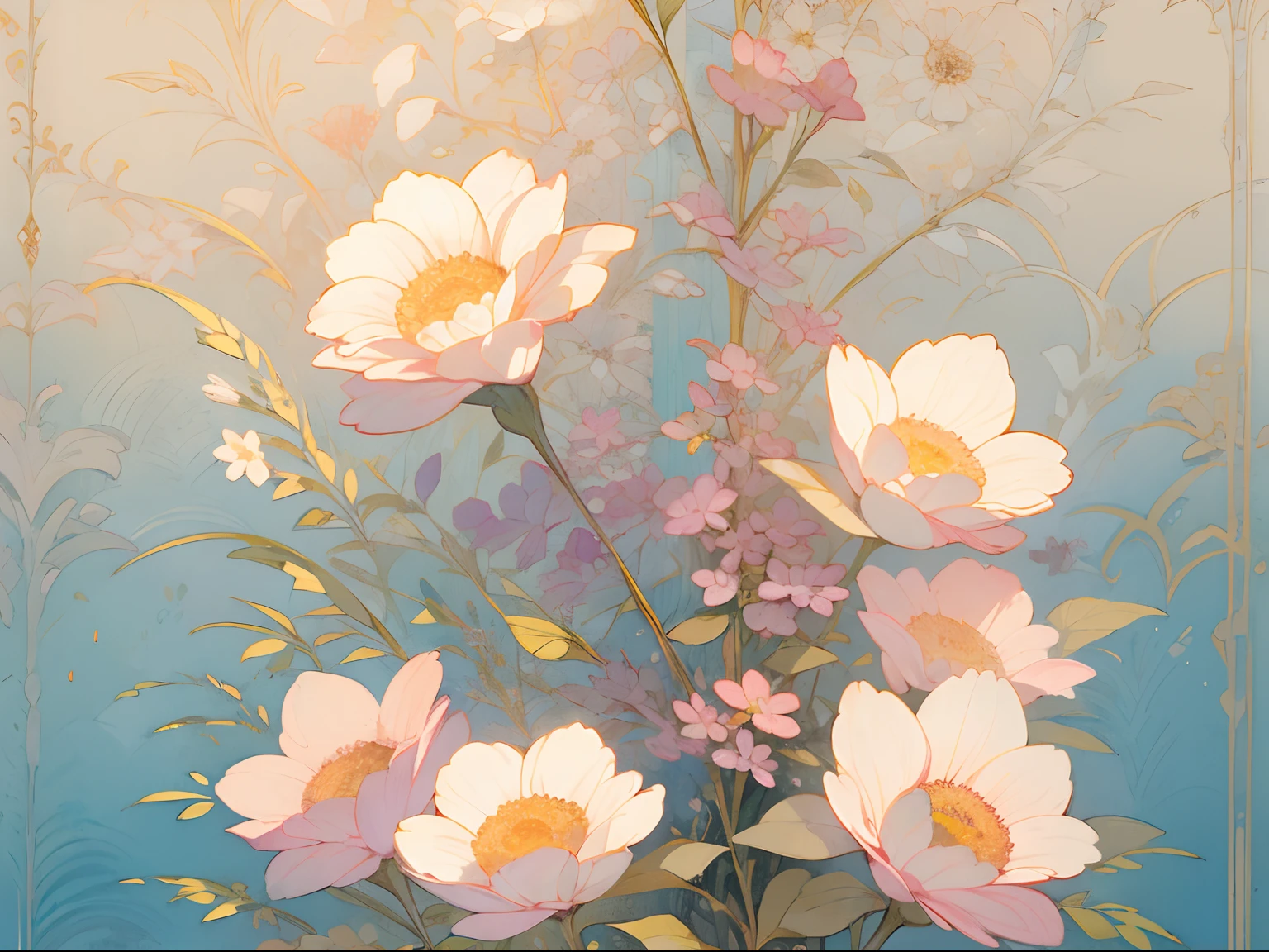 texture water color graphic technical Traditional pattern wallpaper pastel color masterpiece top quality lots of flowers