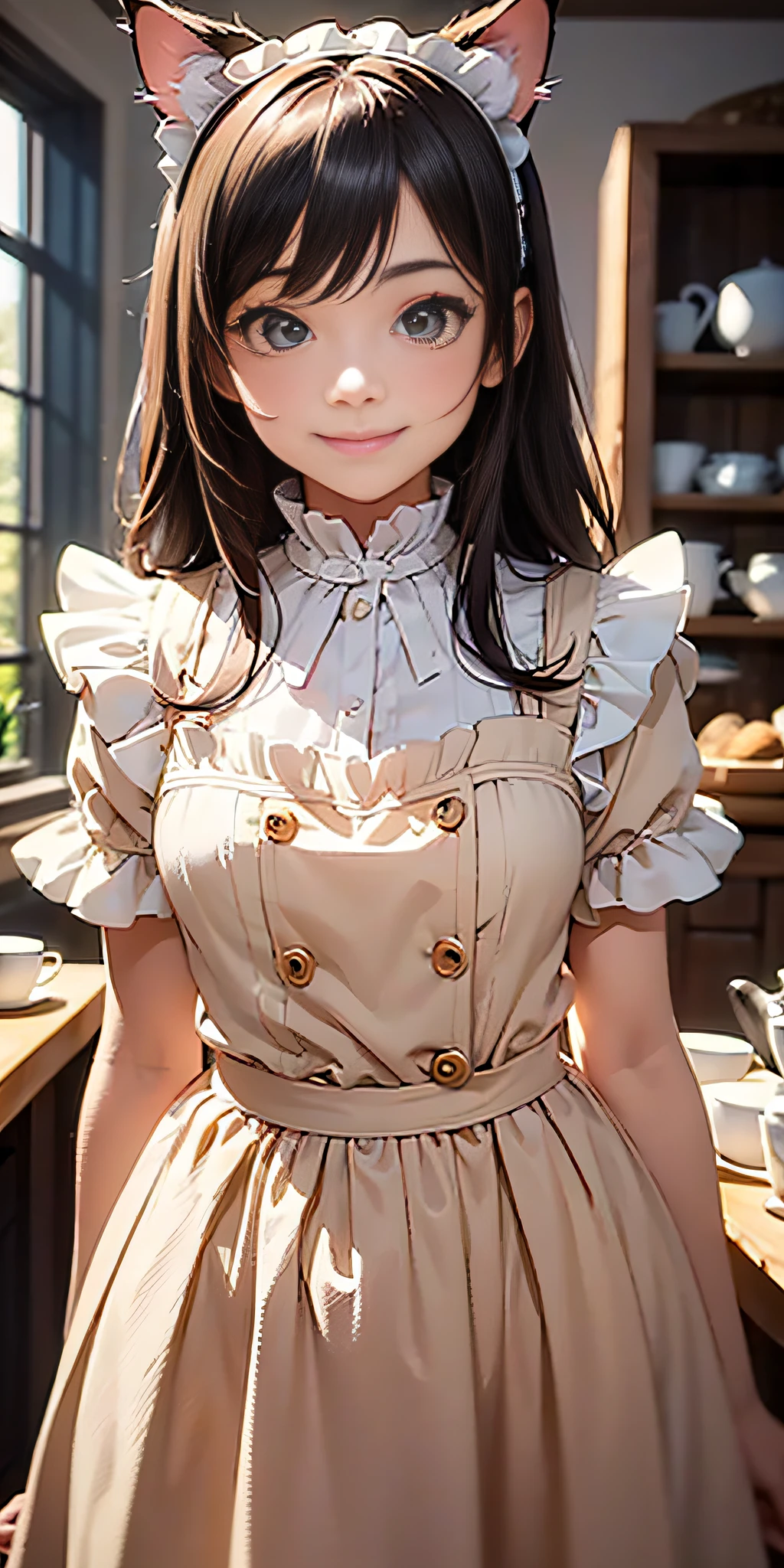 Best quality, masterpiece, HD digital photo of a girl, Pixar animation style, a cat-eared girl in 50% English maid outfit, upper body, standing back smiling looking at the camera, Cafe Background, soft lighting, warm colors, (((75% nude)))