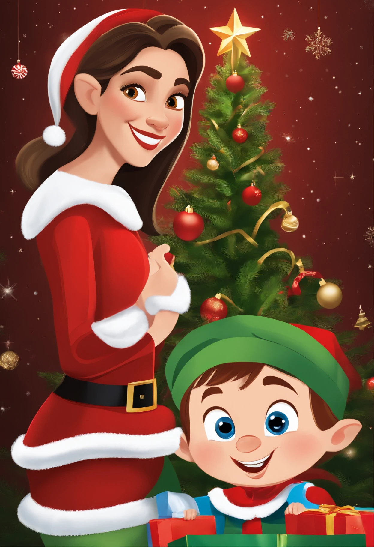 Disney Pixar film poster with 1 person on the poster, a woman, light brown eyes, white skin, happy, with red overalls, long straight black hair, present in hands, Christmas, Christmas hat, with light skinned boy son, brown hair , small dark eyes and small nose , cheerful, dressed as an elf, with Christmas gifts , Principalmente tema de Natal，Rich and super interesting content，（Papai Noel，rena，Elfos de Natal，Naughty children，Nice kids）Paint Mode Display，super HD，ultra-detalhada，renderizado，  alta qualidade de detalhes --aspect 16:9