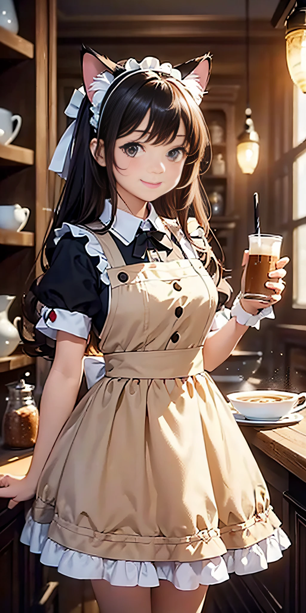 Best quality, masterpiece, HD digital photo of a girl, Pixar animation style, a cat-eared girl in 50% English maid outfit, upper body, standing back smiling looking at the camera, Cafe Background, soft lighting, warm colors, ((()))