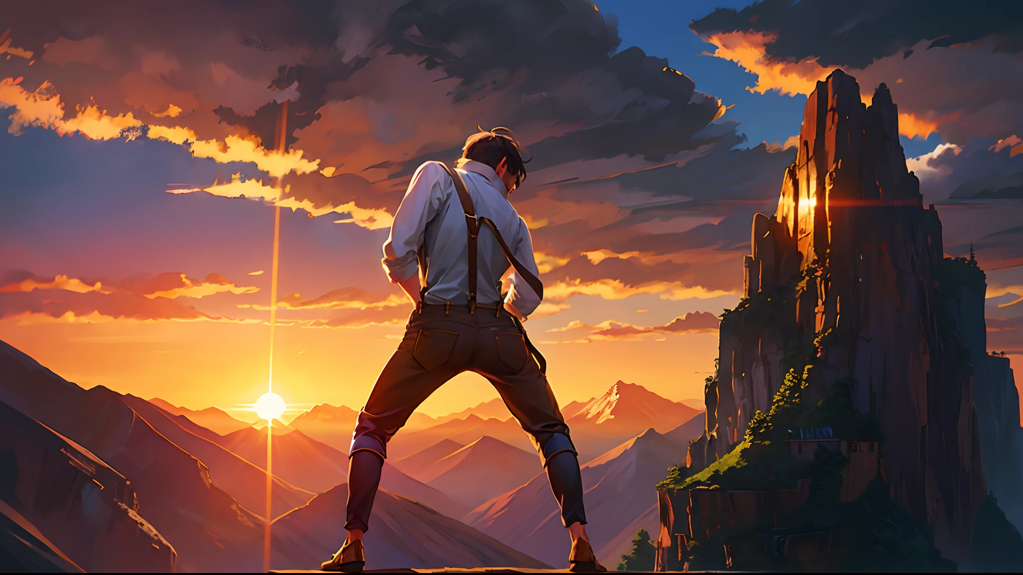 the sunset，eventide，Big Mountain，Medium short hair，Suspenders，Put your feet on the ground，Iron Mountain Back，In front is the cliff，