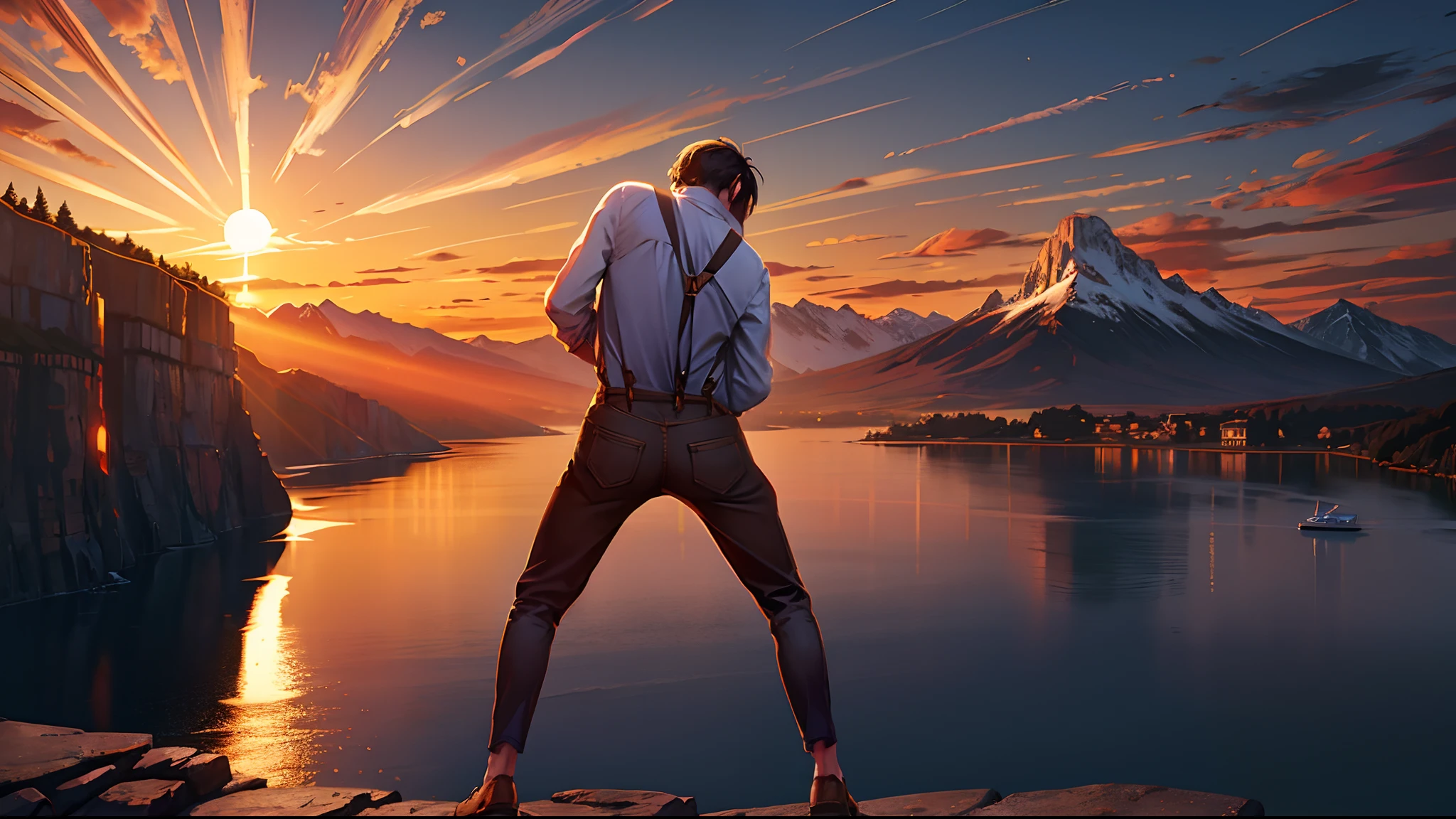 the sunset,eventide,Big Mountain,Medium short hair,Suspenders,Put your feet on the ground,Iron Mountain Back,In front is the cliff,
