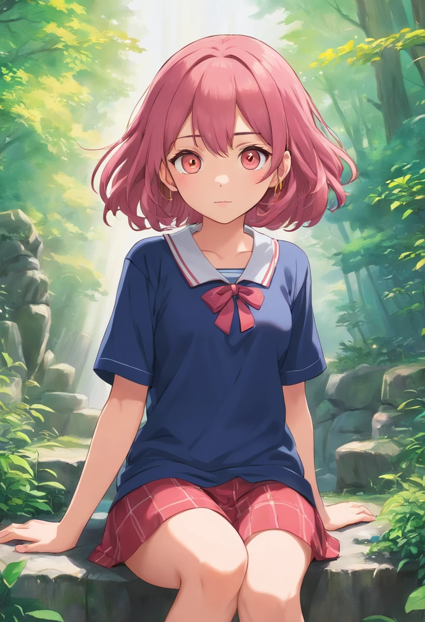 best quality, 1girl, sayori, portrait, solo, (light blush:0.5), (blush:0.2), short hair, pink hair, blue eyes, (small breasts:1.3), smile, (petite:0.5), 14 years old, loli, sketch, (pink t-shirt:1.5), no bra, hair bow, red bow, (blue skirt:1.3), (nipple outline:0.9), (covered nipples:1.55), sunlight, sun beams, sitting on grass, sitting down, (laying down:1.3), park, surrounded by flowers, (evening setting), sweet expression, (sfw:0.7), (ecchi:1.2), (from below:1.7), happy, (pussy:1.2)
