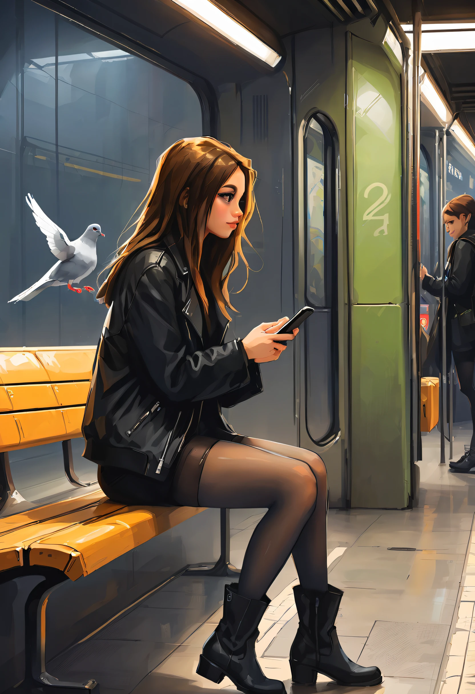 a beautiful girl wearing a black jacket, checking her phone, pantyhose, high boots, shorts, sitting on a bench in a subway station, artifical lights, with a pigeon, perfespective, from the left, profile, masterpiece, best quality, in the style of (samdoesarts:1.2)