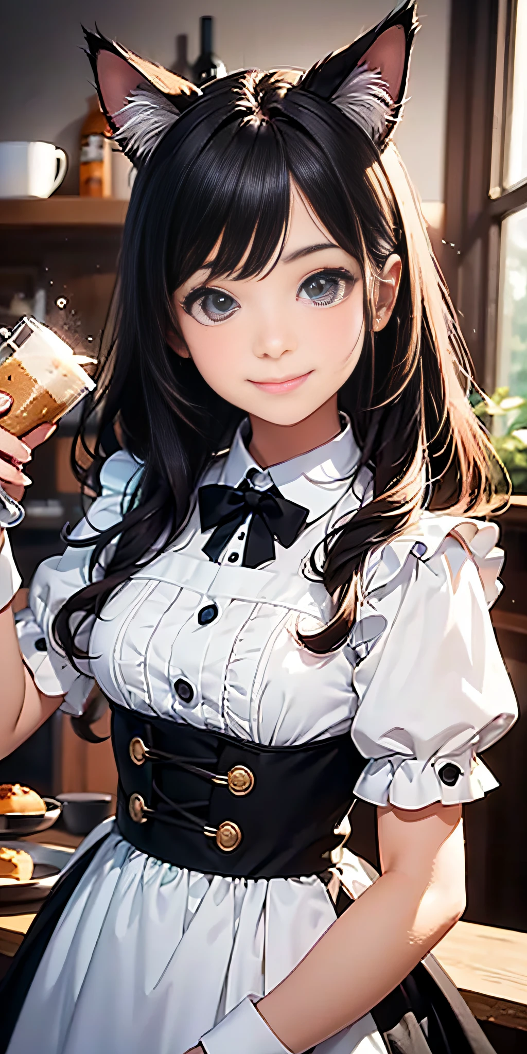 Best quality, masterpiece, HD digital photo of a girl, Pixar animation style, a cat-eared girl in 50% English maid outfit, upper body, standing back smiling looking at the camera, Cafe Background, soft lighting, warm colors, ((()))
