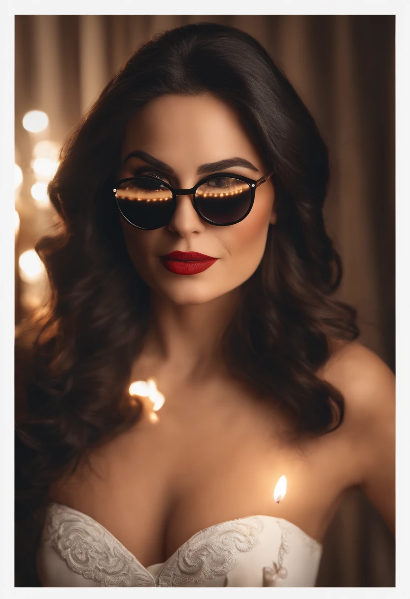 Pixar style image with 3D character white glasses brunette woman long black hair, boca grande com batom vermelho, Maquiagem Disney. dentista rica, blowing out 25th birthday candle.bonitinho, sorridente ,Close-up, Pixar, Disney, Cinema lighting.